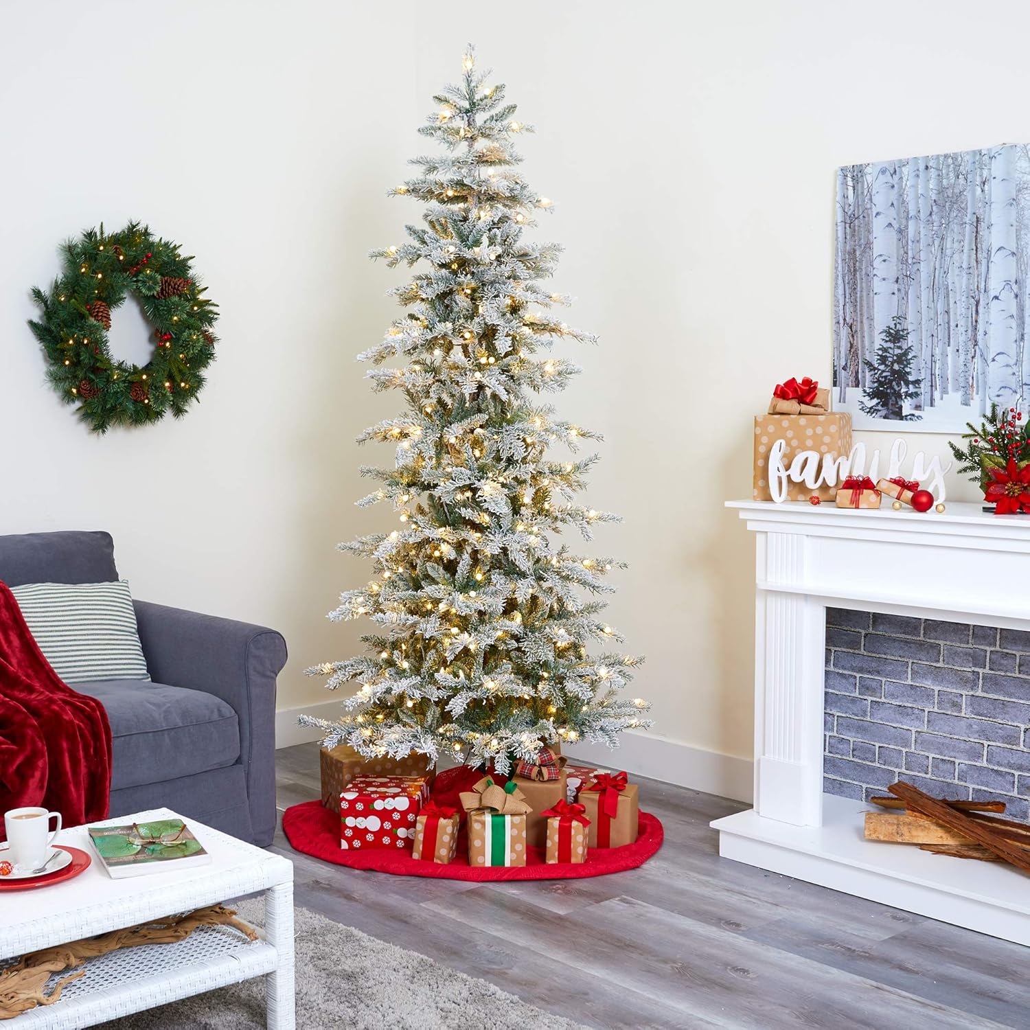Nearly Natural 7.5ft. Slim Flocked Nova Scotia Spruce Artificial Christmas Tree with 450 Warm White LED Lights and 909 Bendable Branches