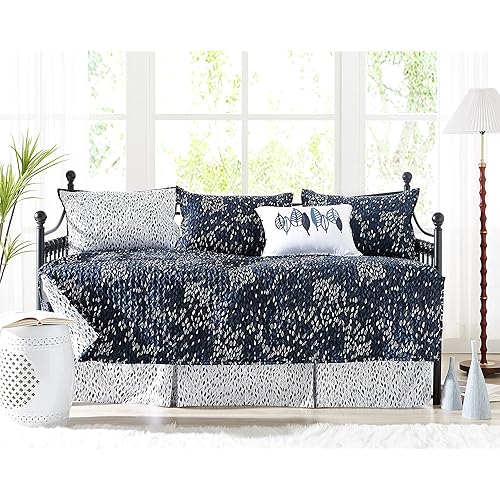 Southshore Fine Living, Inc. Twin Day Bed Comforter Sets, 6-Piece Trundle Bed Bedding Set with Bedspread, 3 Pillow Shams, Bedskirt, Throw Pillow - Daybed Quilt Set, Botanical Leaves Blue