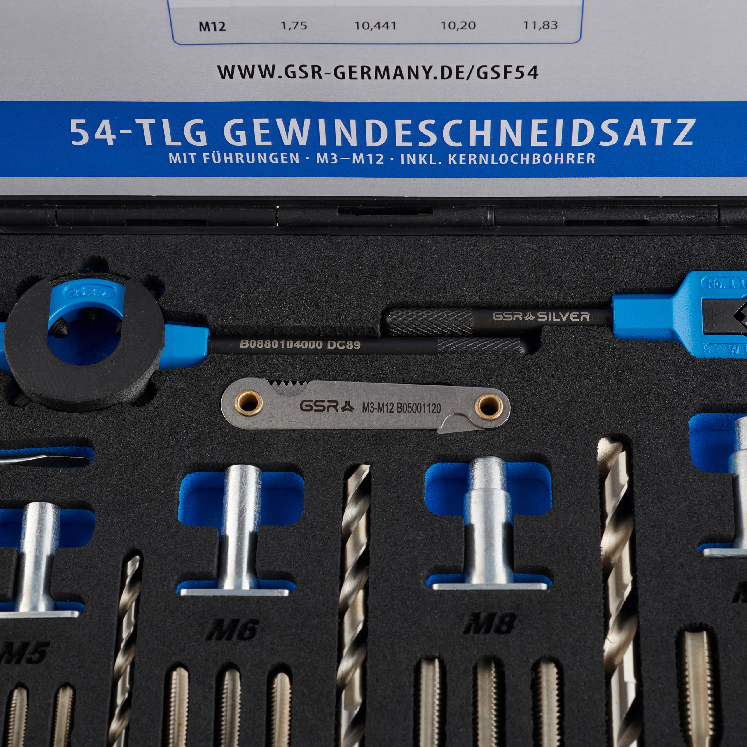 GSR 54 Piece Die Set for Precise Internal and External Threads HSS M3-M12 with Hand Augers, Guides, Twist Drills for Core Holes, Blades, Tools — view 4