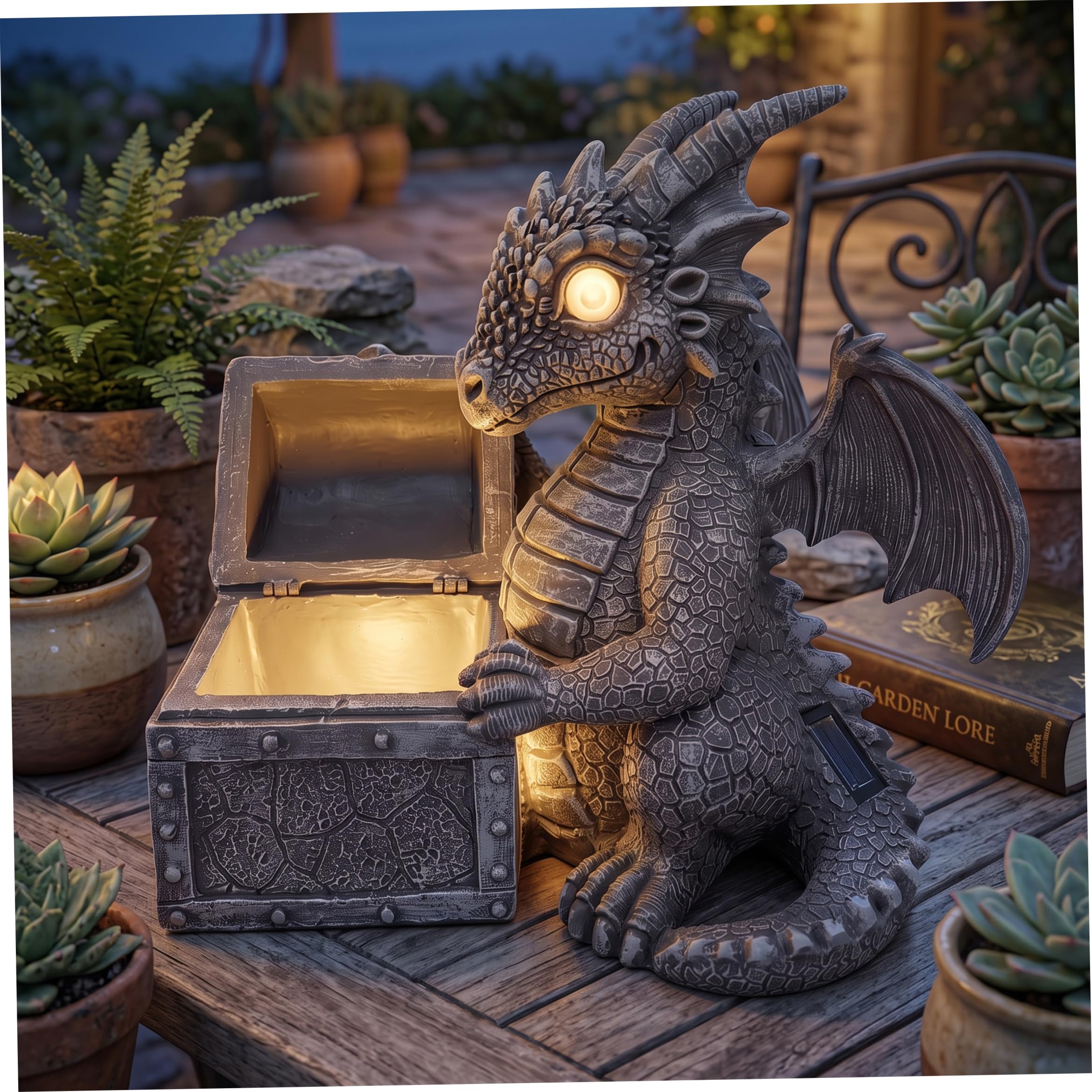 Statua del drago solare – Decorazione da giardino illuminata a energia solare, statuetta di guardia del tesoro in resina realizzata a mano, statue da giardino