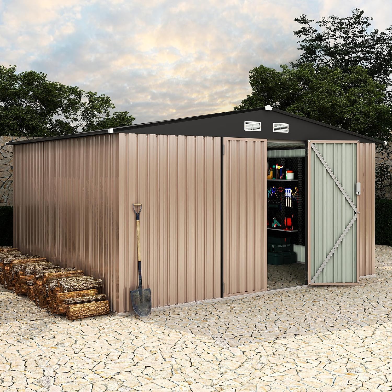 Heavy-Duty 12x10 ft Metal Garden Shed with Air Vent & Lockable Door, Outdoor Storage Shed for Yard, Patio, Lawn, Rust-Resistant Utility Shed, Easy Assembly & All-Season Use