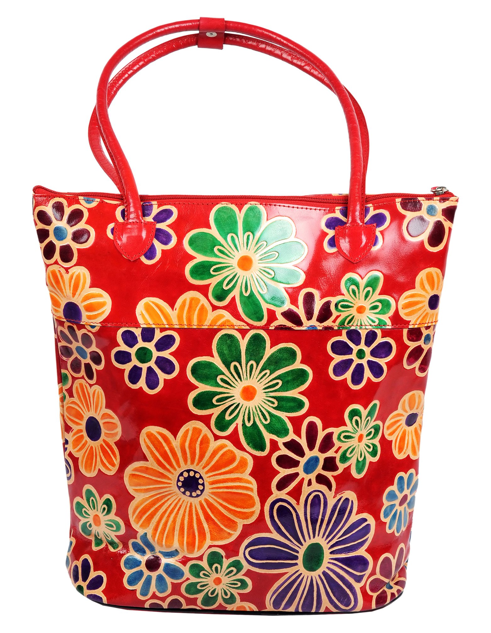 ZINTHand Tooled Painted Genuine Leather Shoulder Bag Purse Tote Beach Bag Handbag Shantiniketan Tribal Ethnic Boho Red Floral Festival Bag