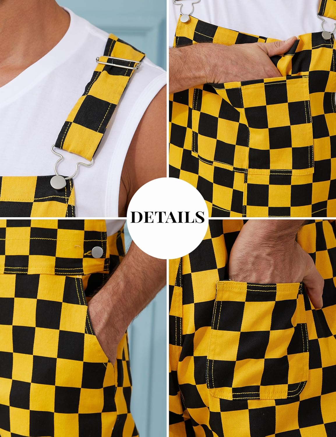 Odefou Checkered Pants Mens Overalls Bib Coveralls Cute Stretch Jeans Jumpsuit