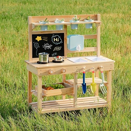 Miniatura 9 de ROBUD WG429 - Cocina de barro para niños al aire libre, cocina de madera al aire libre, cocina de barro para niños con fregadero y grifo extraíbles,