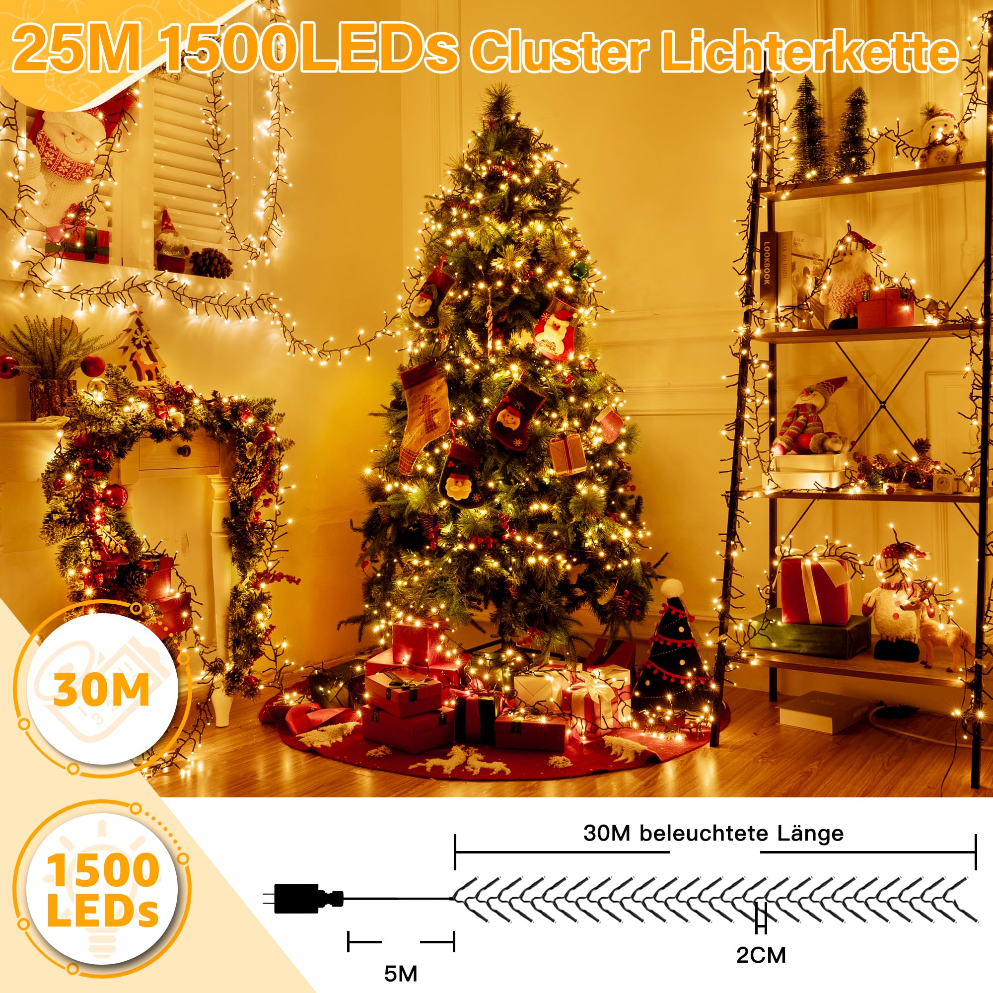 Cluster Lichterkette Weihnachtsbaum Außen 30 m 1500 LEDs, 8 Modi & Timer, Lichterkette mit Stecker & Fernbedienung IP44 wasserdicht für Weihnachtbaum Weihnachten Party Hochzeit (warmweiß)