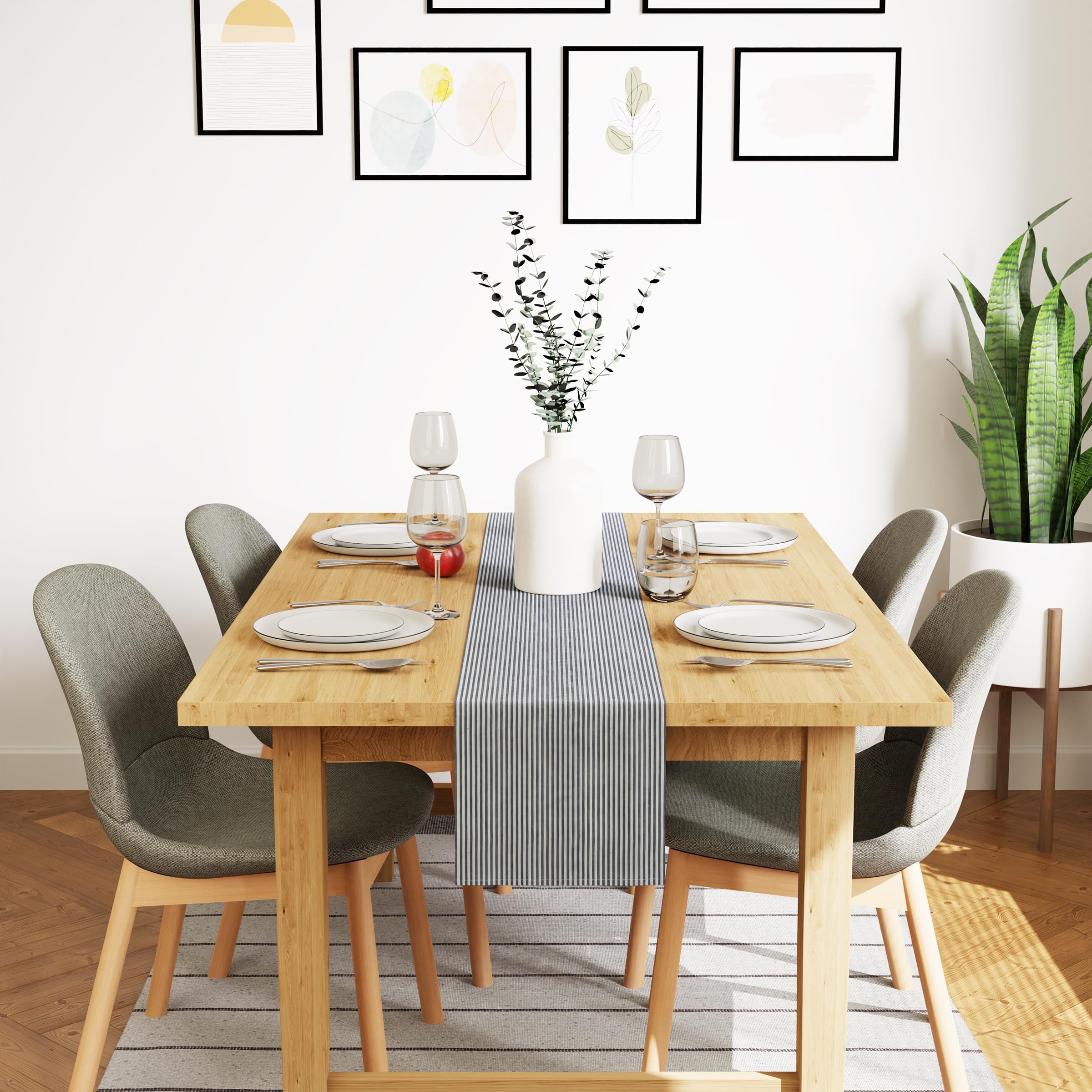 Encasa XO Cotton Dining Table Runner, Ticking Navy Blue, 32x240 cm - Image 2