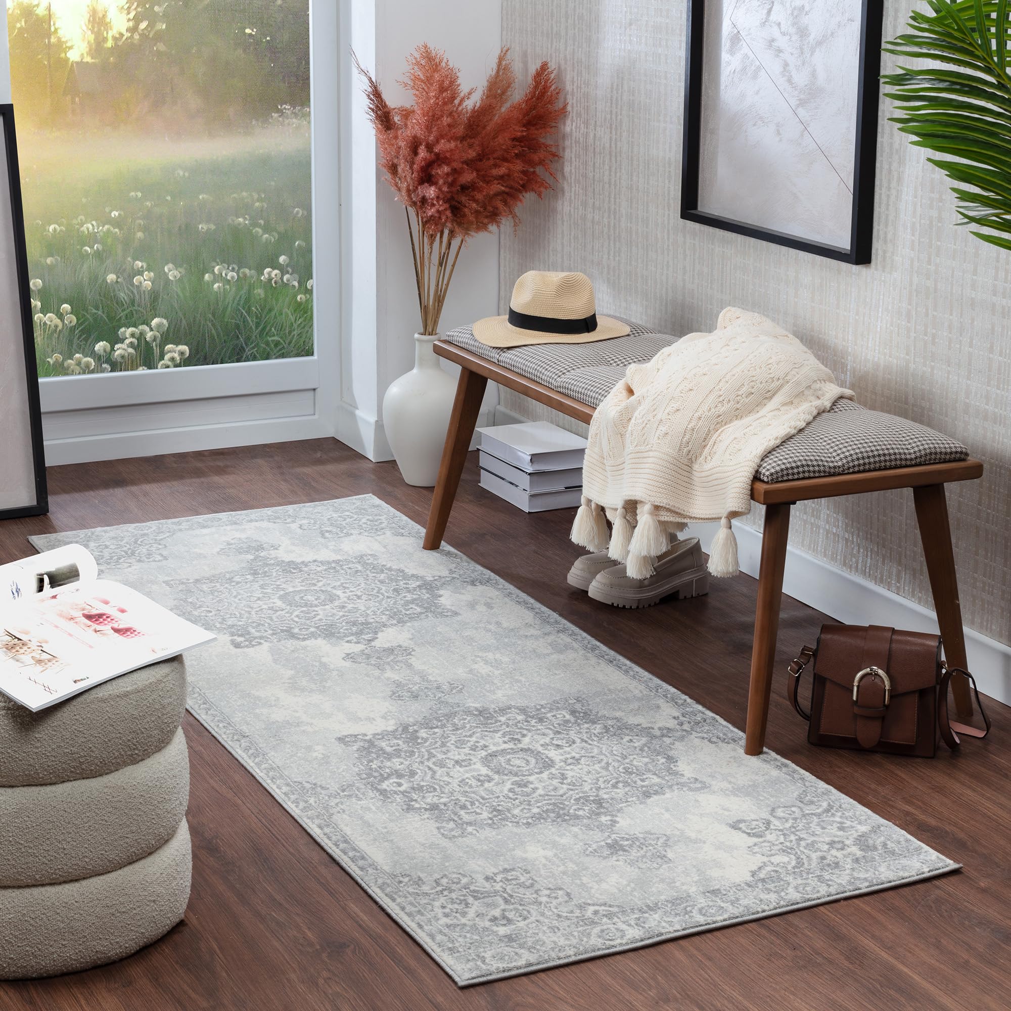 Livabliss Lola Kuta Vintage Runner 80x220 cm – Scandi Neutral Boho Pattern for Hallway & Living Space, Easy Care Pile, Grey & Ivory