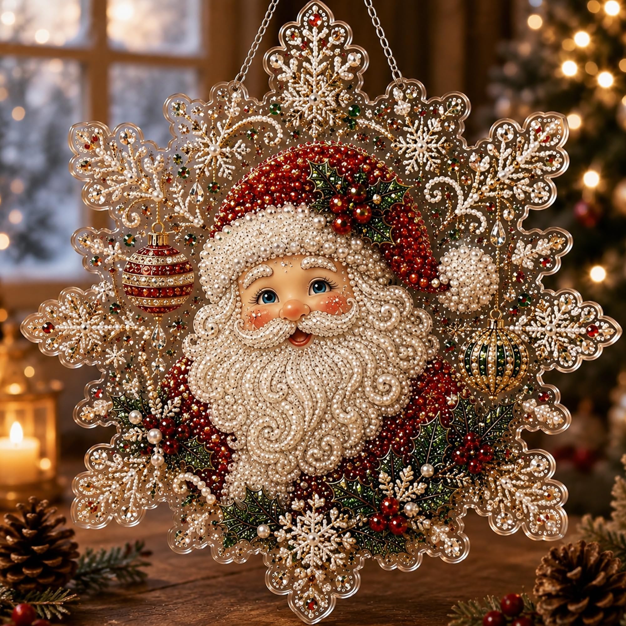 Christmas Diamond Art Kits for Adults, Pearl Diamond Painting Suncatcher Kit DIY Craft 3D Pre-Assembled Metal Chain Acrylic Snowflake Shape Board with Lace Edge Mixed-Sized Pearl Beads Craft