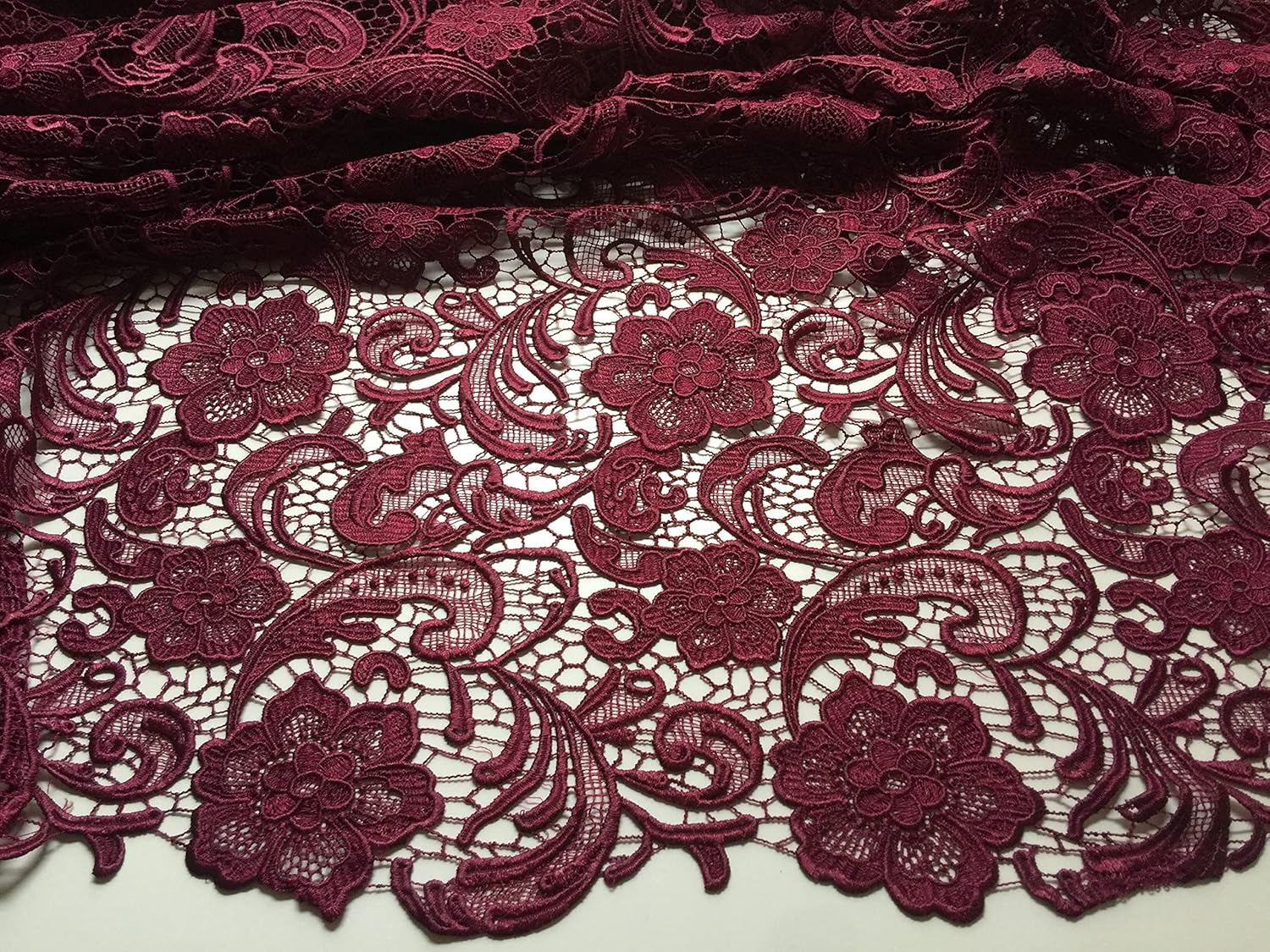 Maggie Burgundy Guipure Venice Heavy Lace Fabric by The Yard - 10019