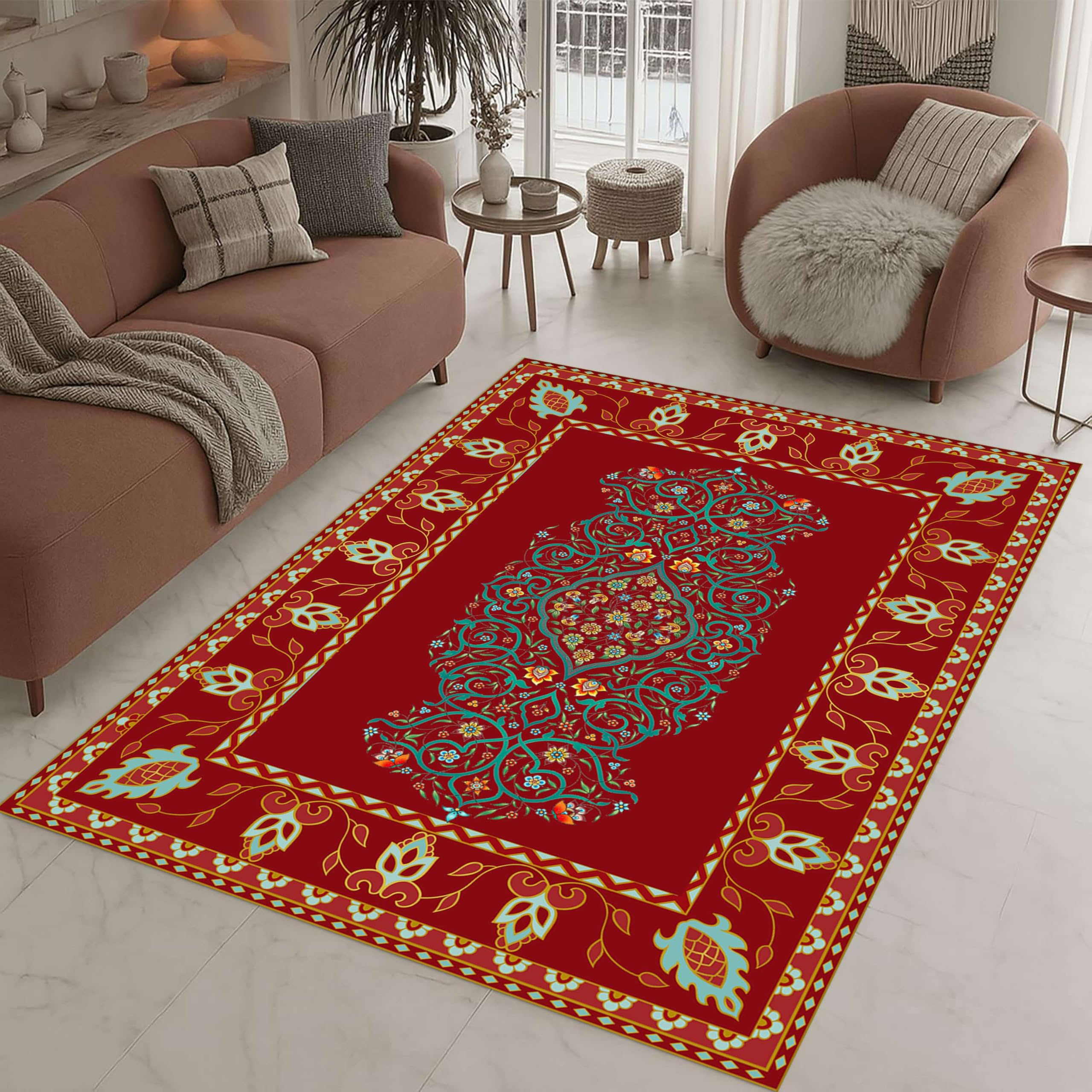 LHOMKCV Boho Floral Area Rugs, 180x230cm, Vintage Red Flowers Print Rustic Farmhouse Flat Rug, Easy-Washing Short Pile Ultra-Thin Room Decor Carpet for Bedroom Kitchen