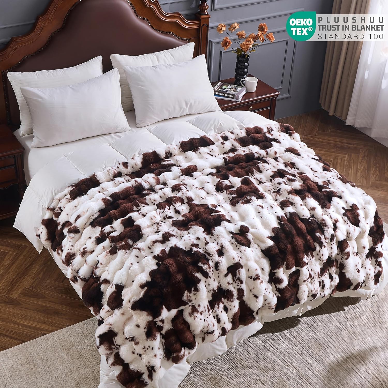 Faux Fur Throw Blanket for Couch, Fluffy Fuzzy Plush Bubble Blanket, Soft Warm Cozy Shaggy Rabbit Blanket, Luxury Decorative Gifts for Sofa Bedroom Living Room, 60x50inch (Cow Print-Brown) - Image 6