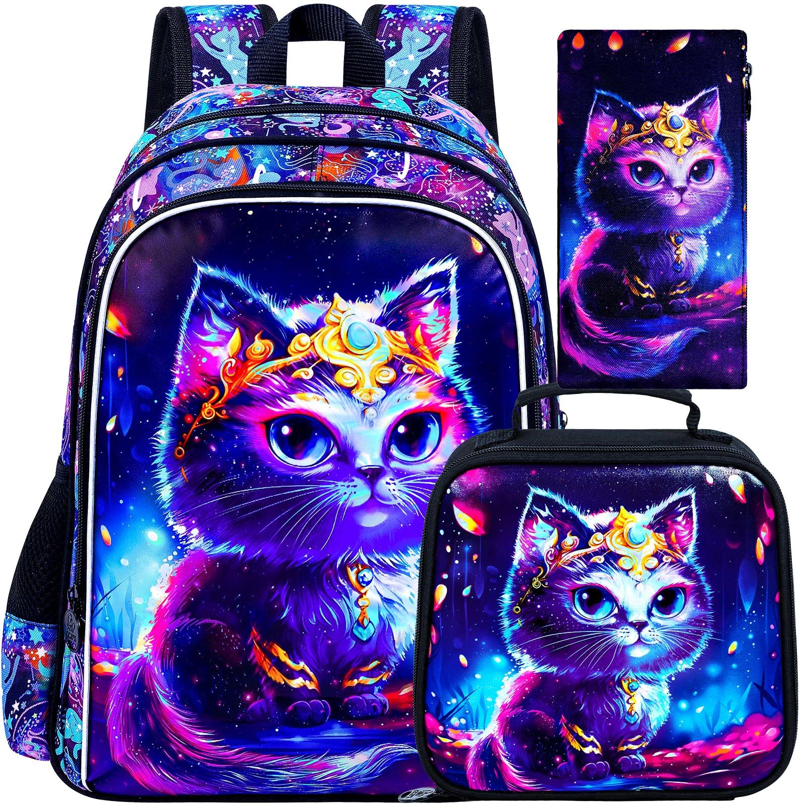CCJPX 3PCS Cat Backpack for Girls, 16" Kids Preschool School Bookbag with Lunch Box for Toddler Elementary Kindergarten