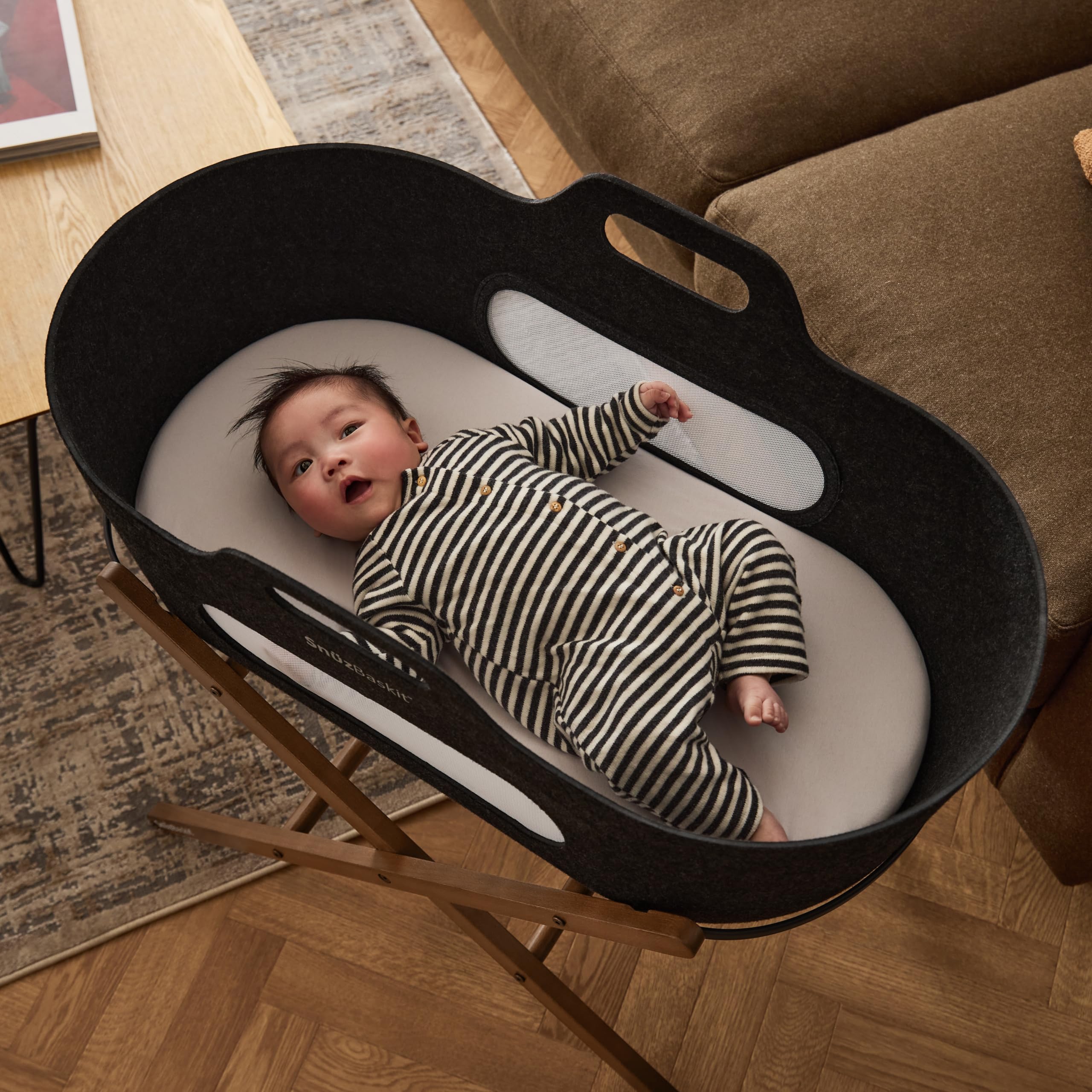 Snuz SnuzBaskit, Holz, Graphit & Walnuss, Babykorb und Ständer