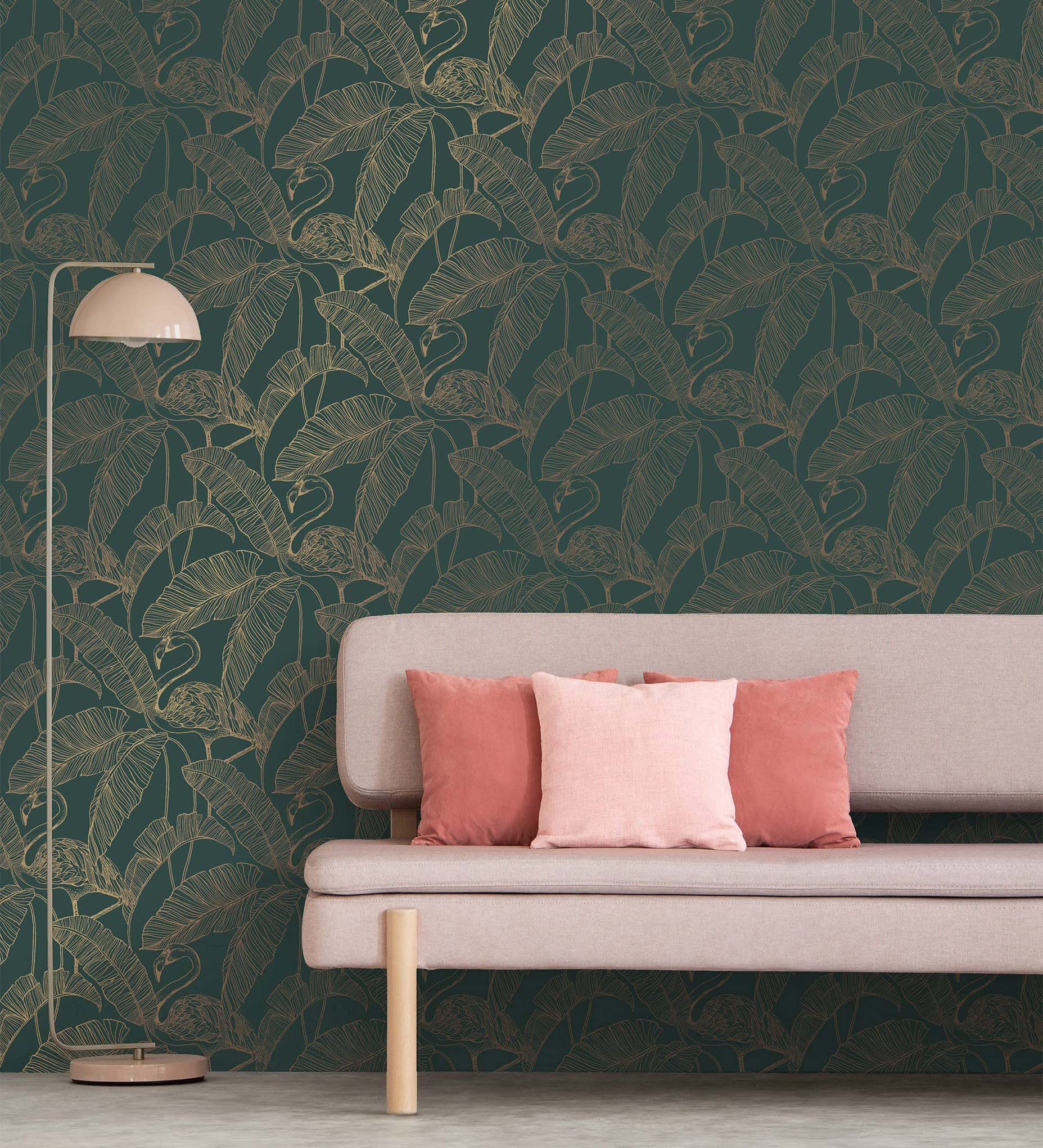 GAULAN 681301 - Papel pintado lavable hojas tropicales y flamencos estilo art déco para pared salón dormitorio pasillo comedor - Rollo de 10 m x 0,53 m