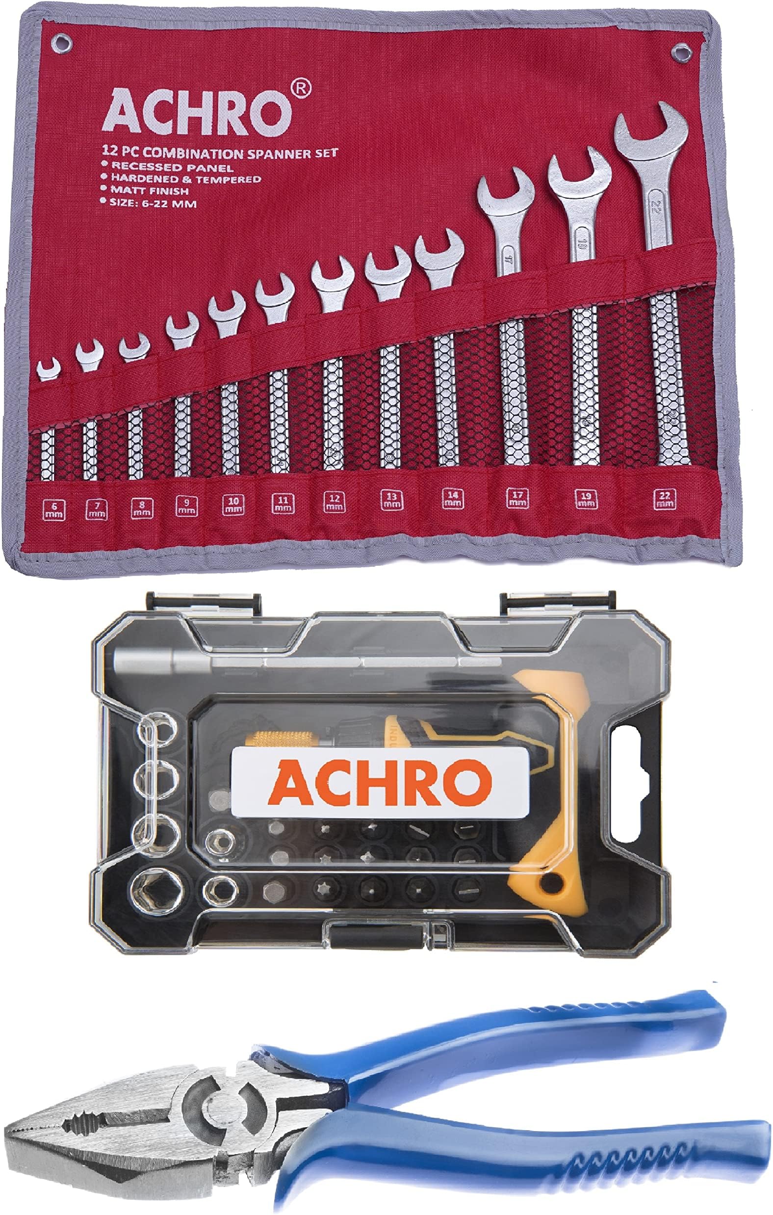 ACHRO 937 Professional Tool Kit Industrial Grade (Contains Combination Spanner Set, Plier and Screwdriver Set with Box Spanners) Tool Kit Set for Home/Garage/Industry (Multicolour, Small), Pack of 37 Pieces