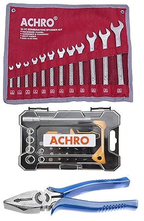ACHRO 937 Professional Tool Kit Industrial Grade (Contains Combination Spanner Set, Plier and Screwdriver Set with Box Spanners) Tool Kit Set for Home/Garage/Industry (Multicolour, Small), Pack of 37 Pieces
