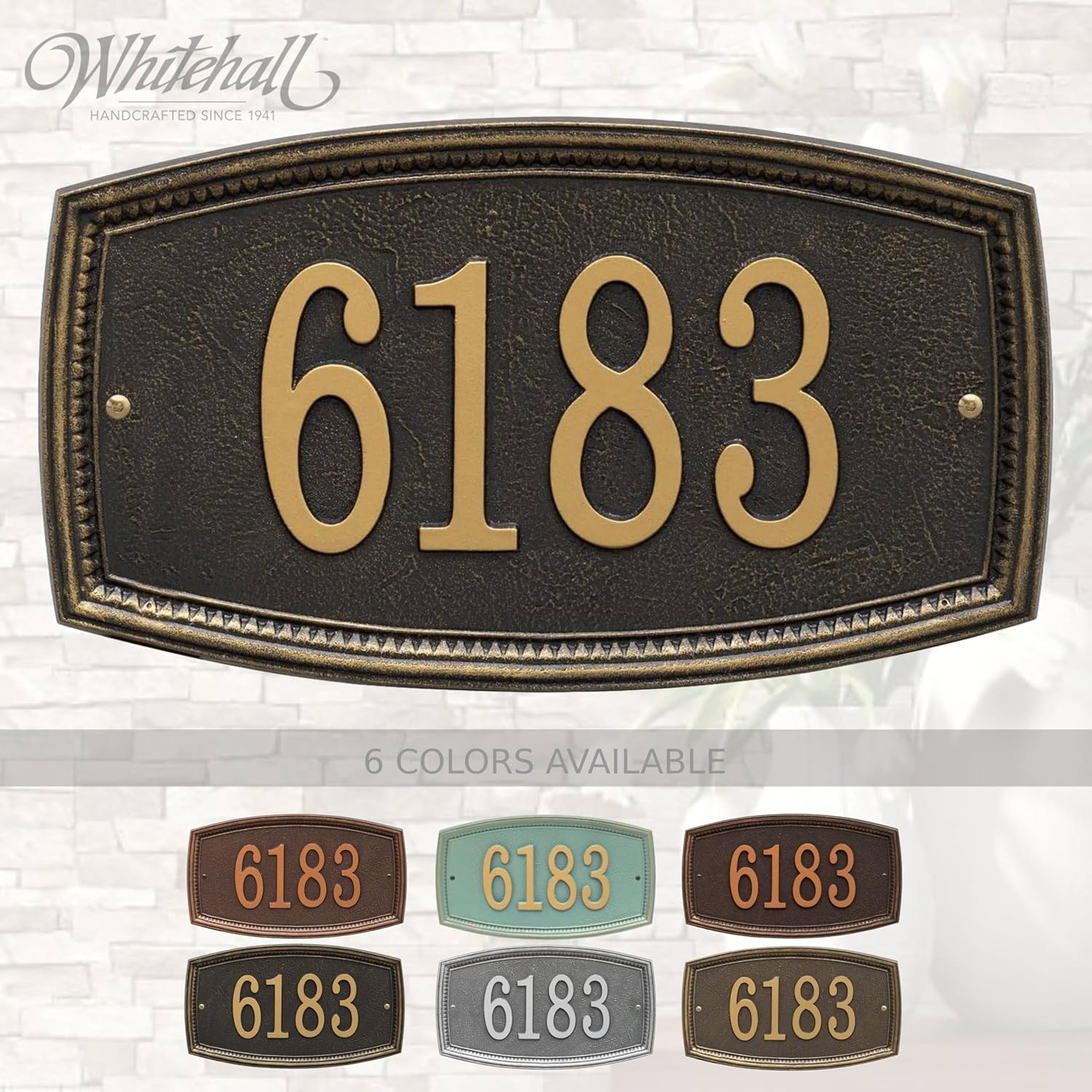 Whitehall Crosswell Address Plaque – Personalized Cast Metal House Number Sign, One Line Wall Plate – Ideal for Home, Mailbox, Street, Driveway, & Lawn – 6 Colors Available