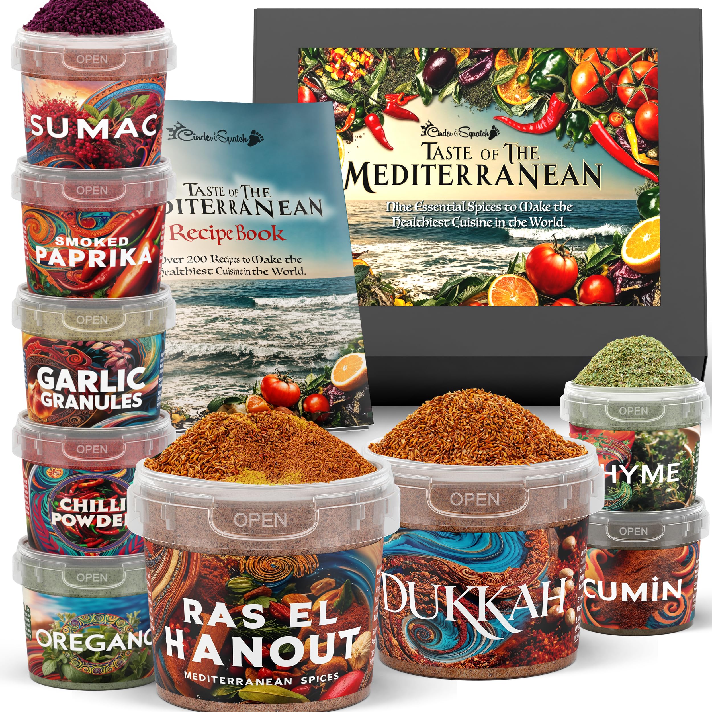 Mediterranean Spices Gift Set by Cinder & Squatch - Taste Of The Mediterranean | 9 Herbs & Spice Kit with Mediterranean Diet Recipe Book | Food Gifts with Cookbook inc 200+ Healthy Recipes