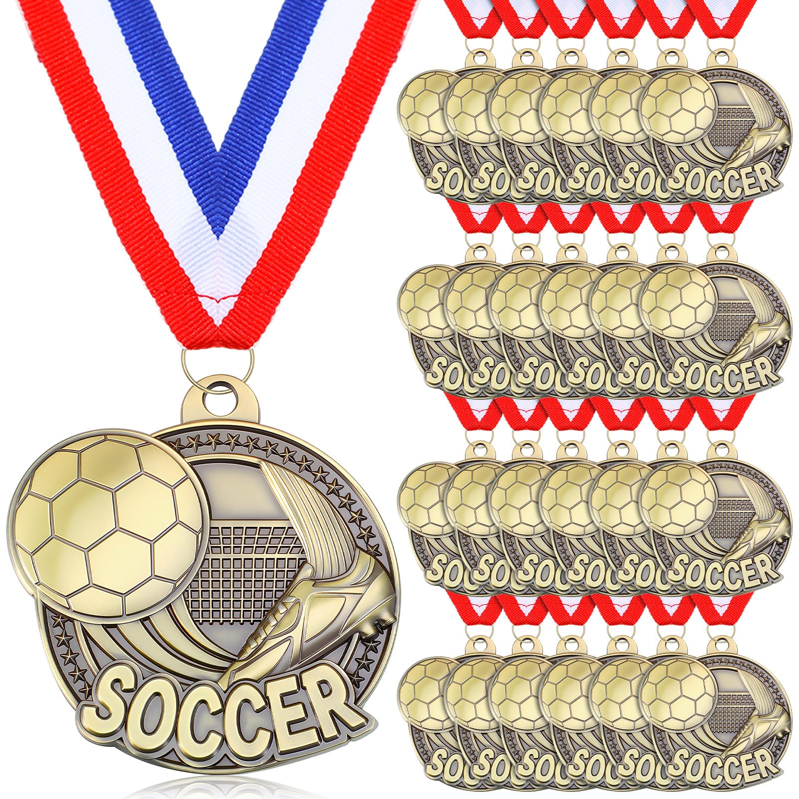 24 Pcs Gold Medals Bulk 2 Inch Award Ribbons Sports Themed Metal Medal Trophy for Team Day Tournaments Birthday Party Winner Gifts