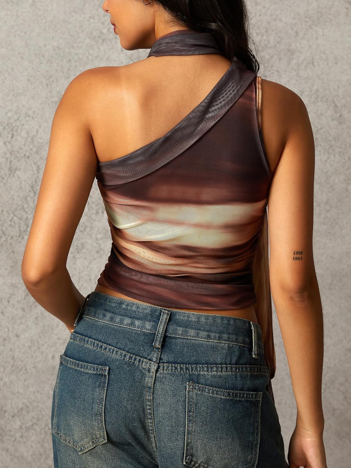 OZICERD Off One Shoulder Halter Going Out Tops for Women Cute Club Rave Top Ruched Mesh Sleeveless Crop Tank Top with Scarf - Image 4