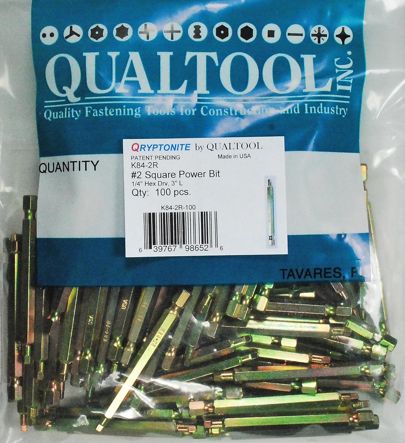 Qualtool Qryptonite K842R100 Number 2 Square Power Bit, 100Pack