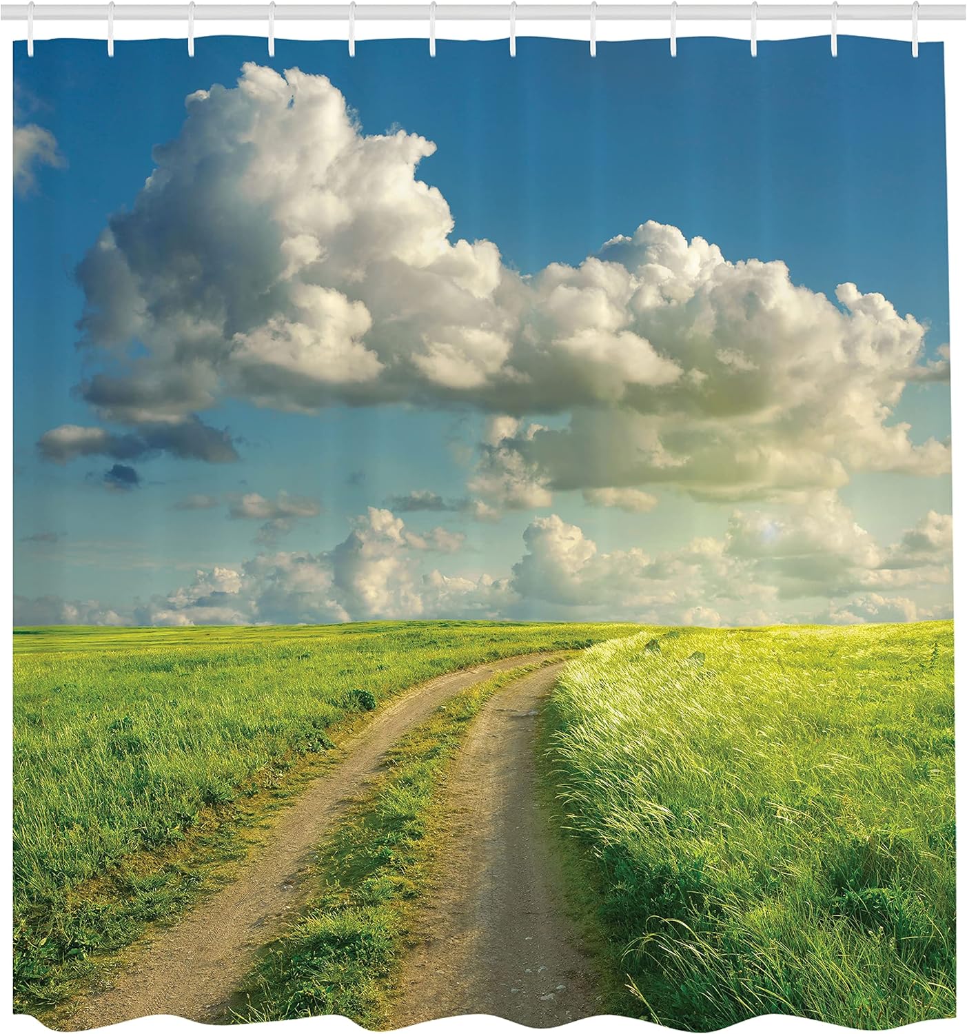 Ambesonne Summer Shower Curtain, Summer Landscape Sunshines Over Grassland Road and Cloudscape Picture, Cloth Fabric Bathroom Decor Set with Hooks, 69" W X 70" L, Lime Green