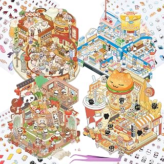 4 Sets DIY 3D Fun Mini House Scene Stickers with Tweezer Make Your Own Breakfast Pudding Burger Shop Hot Pot Restaurant Sticker Scenes Cute Animal Micro Stickers for Relief Stress Pass The Time