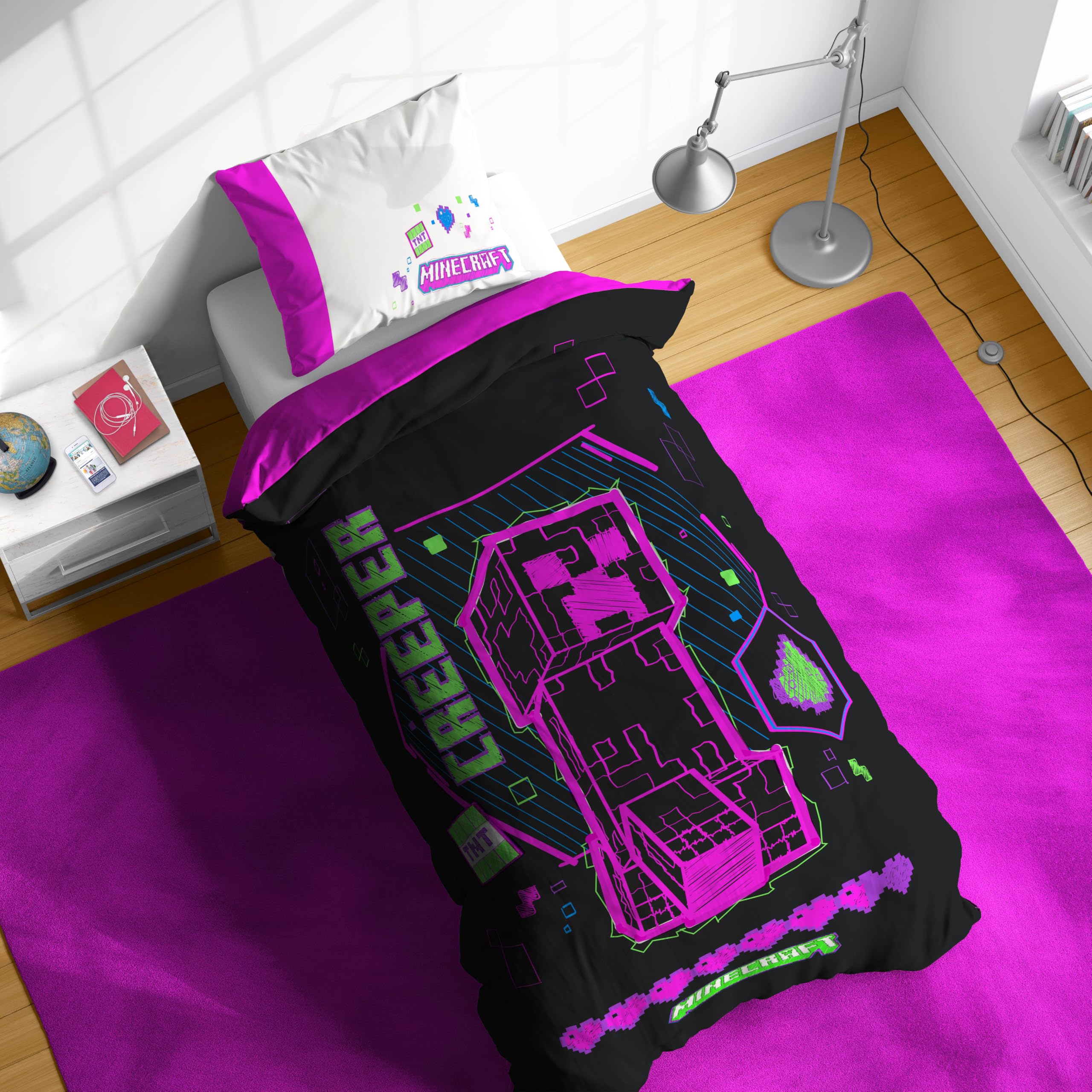 Jay Franco Minecraft Creeper Set Copripiumino – Biancheria da Letto Super Morbida per Bambini con Federa, SOLO COPRIPIUMINO (Imbottitura Non Inclusa), Nero, 2 Pezzi Singolo