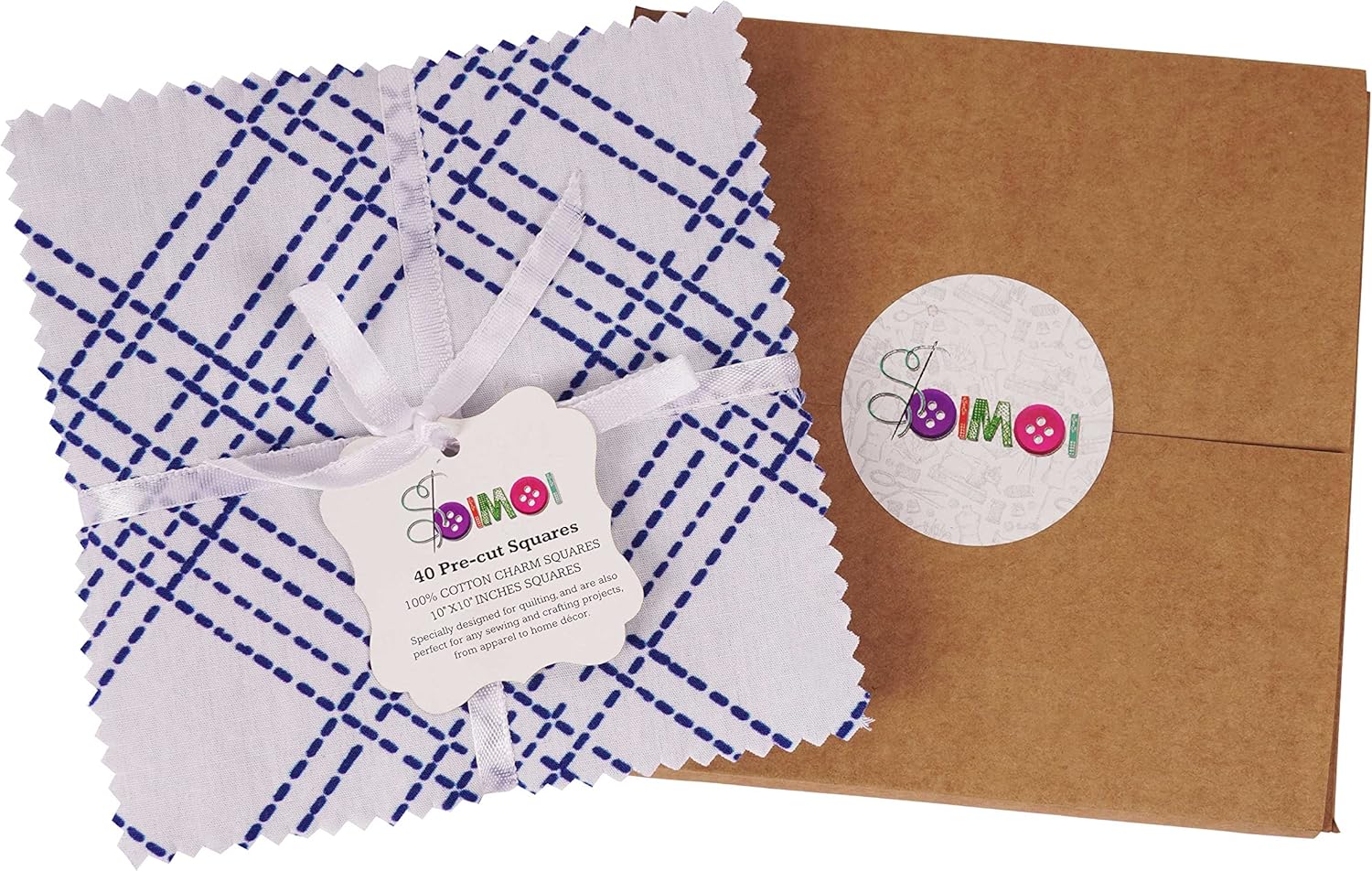 Soimoi Precut 10-inch Japanese Sashiko Prints Cotton Fabric Bundle Quilting Squares Charm Pack DIY Patchwork Sewing Craft- White & Blue