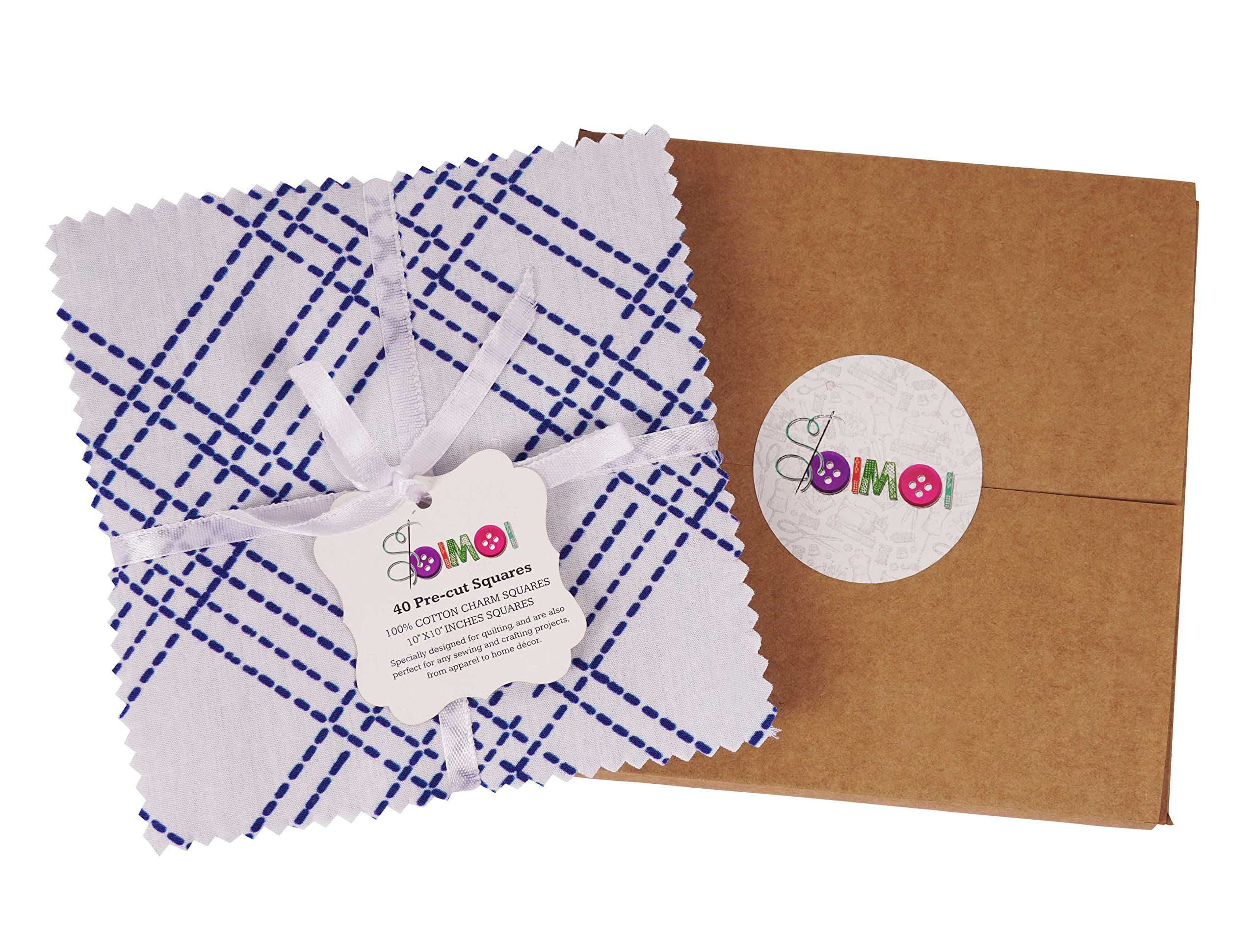 Soimoi Prect 10-Pollici Giapponese Sashiko Stampe Stampe In Cotone Tessuto Bundle Trapuntatura Quadrati Charm Pack Fai Da Te Patchwork Per Cucito - Bianco E Blu