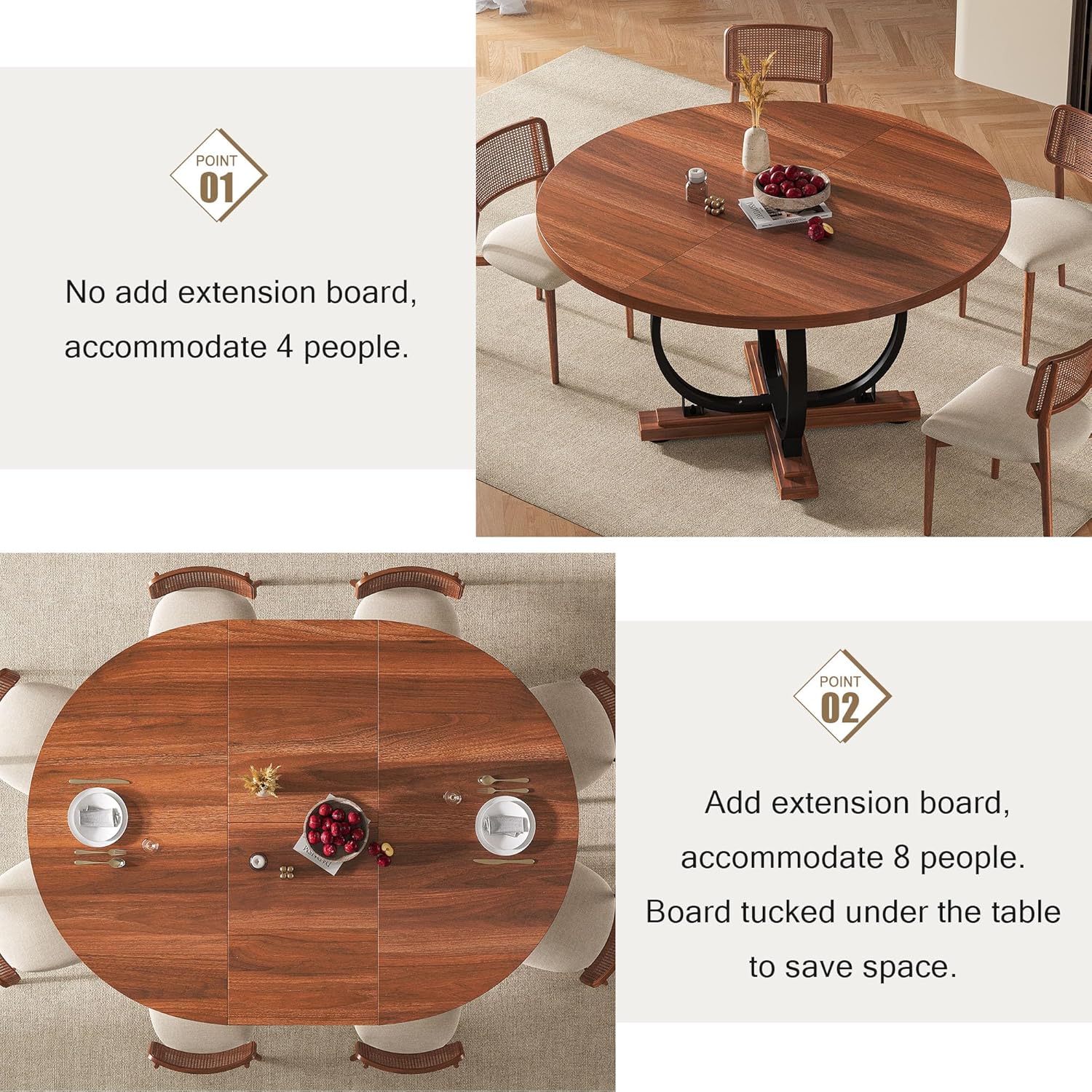 59" Extendable Round Dining Table for 4-6, Modern Oval Kitchen Table with Heavy Duty Curved Legs & Pedestal Base, Space Saving Circle Dinner Room Table for Dining Kitchen Living Room, Walnut
