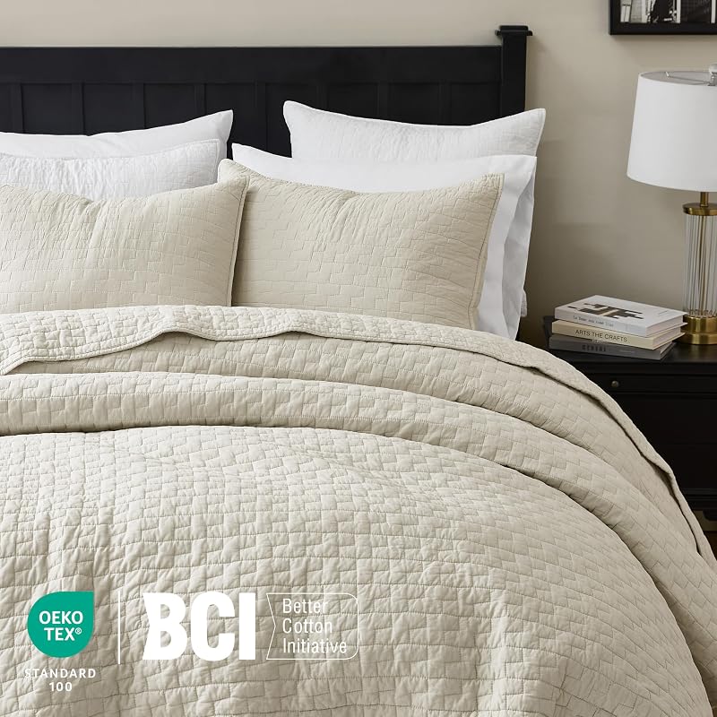 palassio Beige 100% Cotton Quilt Queen Size Bedding Sets with 2 Pillow Shams, Textured Lightweight Soft Bedspread Shabby Chic Coverlet, Neutral Quilted Comforter Bed Cover for All Season, 3 Pieces image 4
