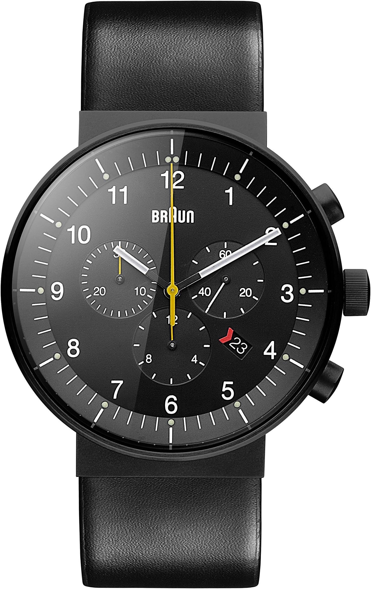 Mens Prestige Chronograph with Date Analogue Quartz Watch, Black Dial and Black Leather Strap, 43mm Black Stainless Steel Case, model BN0095BKG.