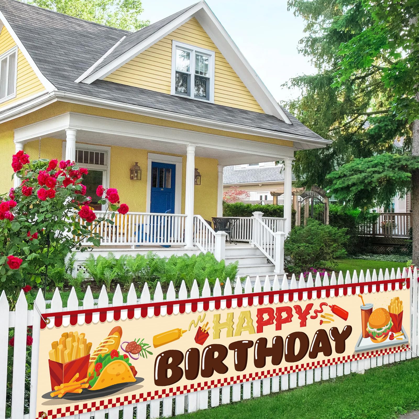 Pancarta de feliz cumpleaños de hamburguesas, tema de cocina, comida rápida, fondo de fotogarphy para niños, decoración de fiesta temática de cumpleaños, 9.8 x 1.6 pies