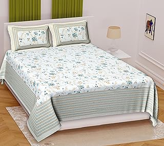 Marusthali Jaipuri Designer Cotton Block Print Double Bedsheets with 2 Pillow Covers Printed Cotton Bed sheets Flat sheet Blanket Bed Cover 108 x 108 Inches (Blue and white)