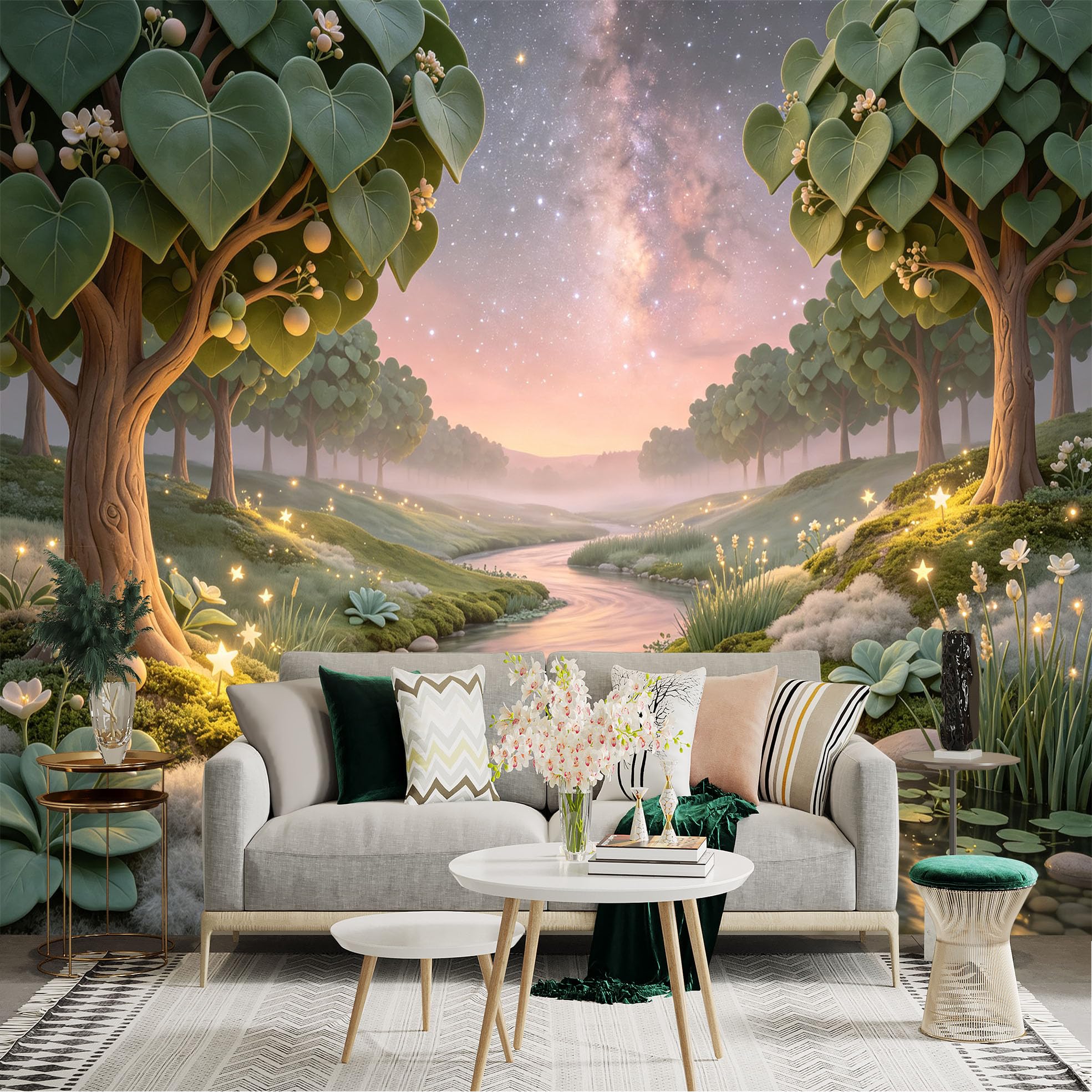 Lnzczhyre Bh260719268 Custom Size Wall Sticker Mural， Enchanted Stream With Heart Shaped Leaves， Glowing Riverbank， Dreamy Milky Way Sky， For Wall Decoration， Peelandstick Wall Decals.