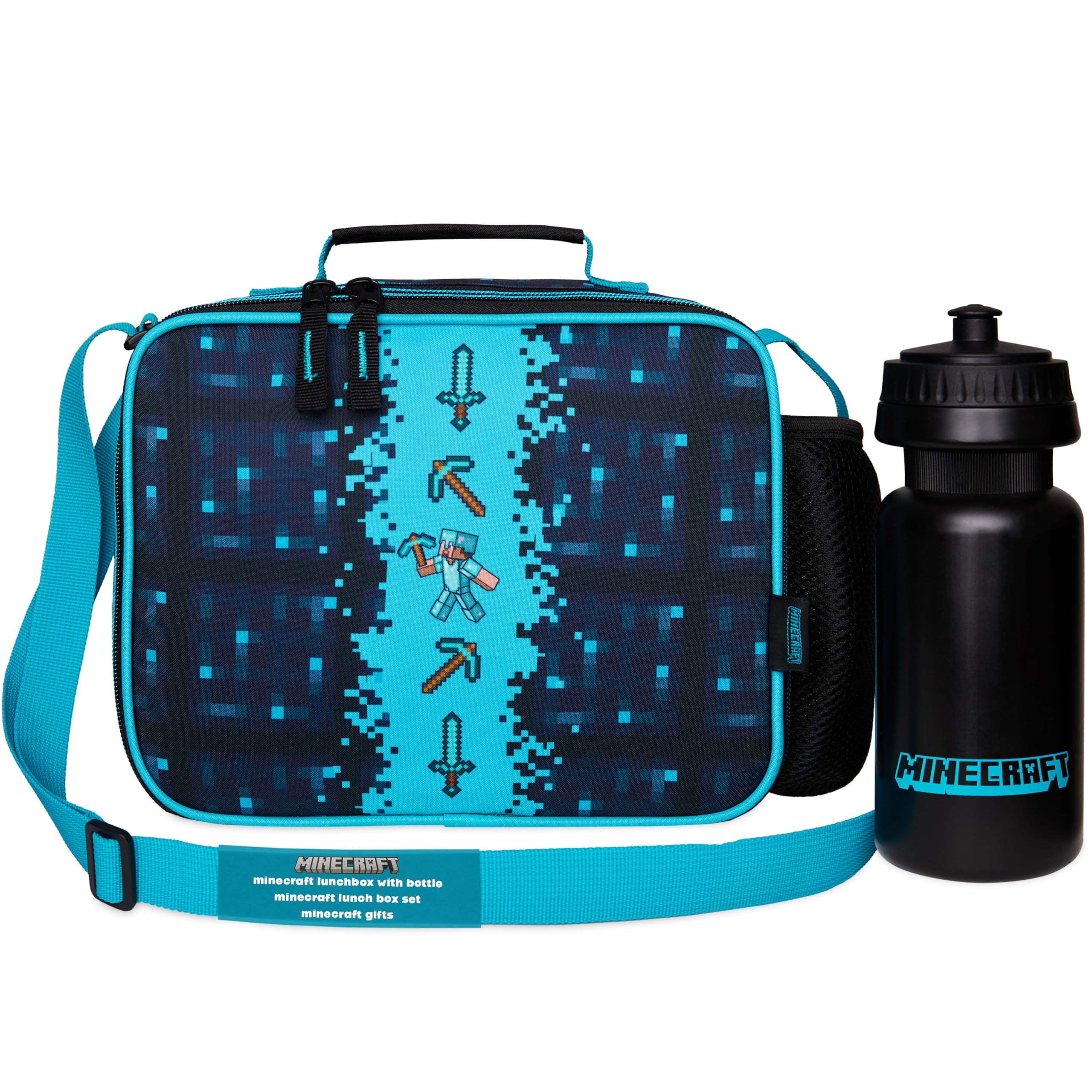 Minecraft Sac Isotherme Repas Enfant Lunch Bag pour l'École ou les Voyages Options avec Bouteille D'eau Cadeau pour Enfant (Bleu/Noir)