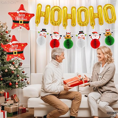 Miniatura 5 de KatchOn, Juego de globos de Navidad y panal de abeja  16 pulgadas, globos dorados HO  Globos de estrella roja para decoraciones de fiesta de Feliz