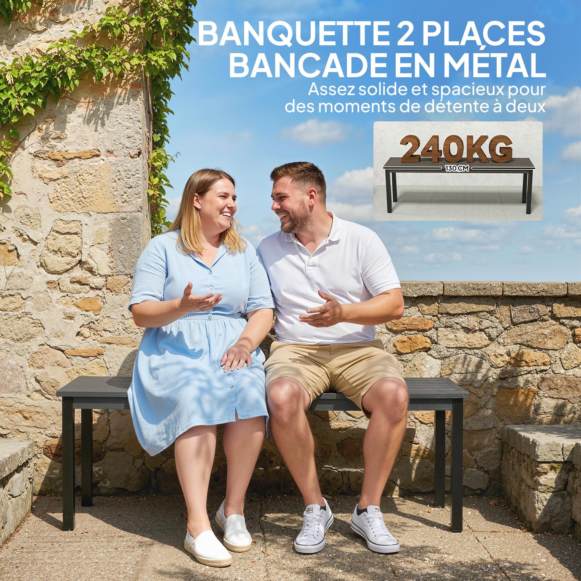 Outsunny - Banco de jardín de metal, banco exterior de 2 plazas con asiento de madera, sin respaldo, banco de jardín, marco de acero para patio, balcón, parque, capacidad 240 kg, 130 x 34 x 43 cm