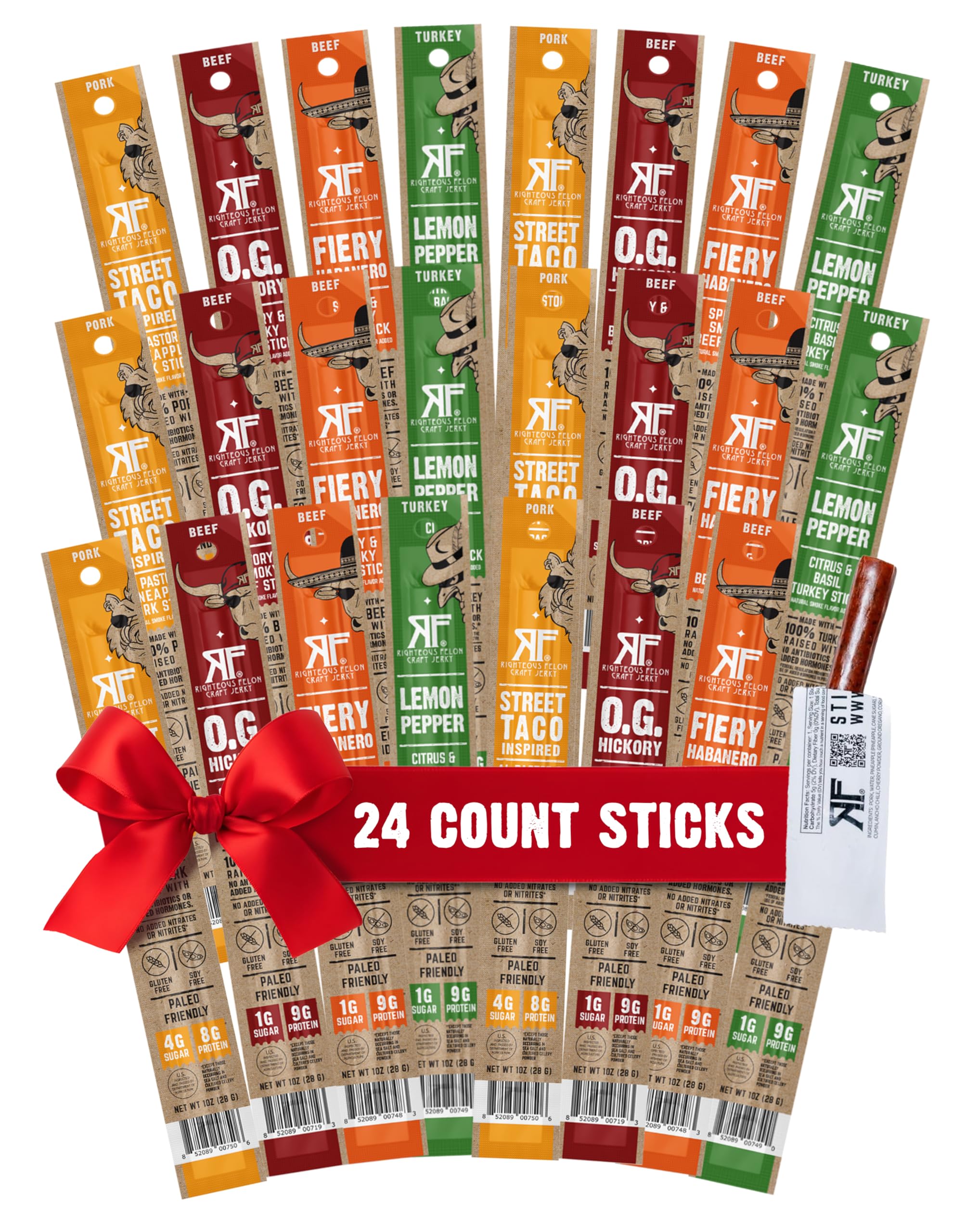 Jerky Meat Sticks, Gluten Free, Healthy Snacks for Adults and Kids, High Protein, Low Carb, Keto, Low Sugar, Individually Wrapped, Gifts for Men (Variety 24 Pack)