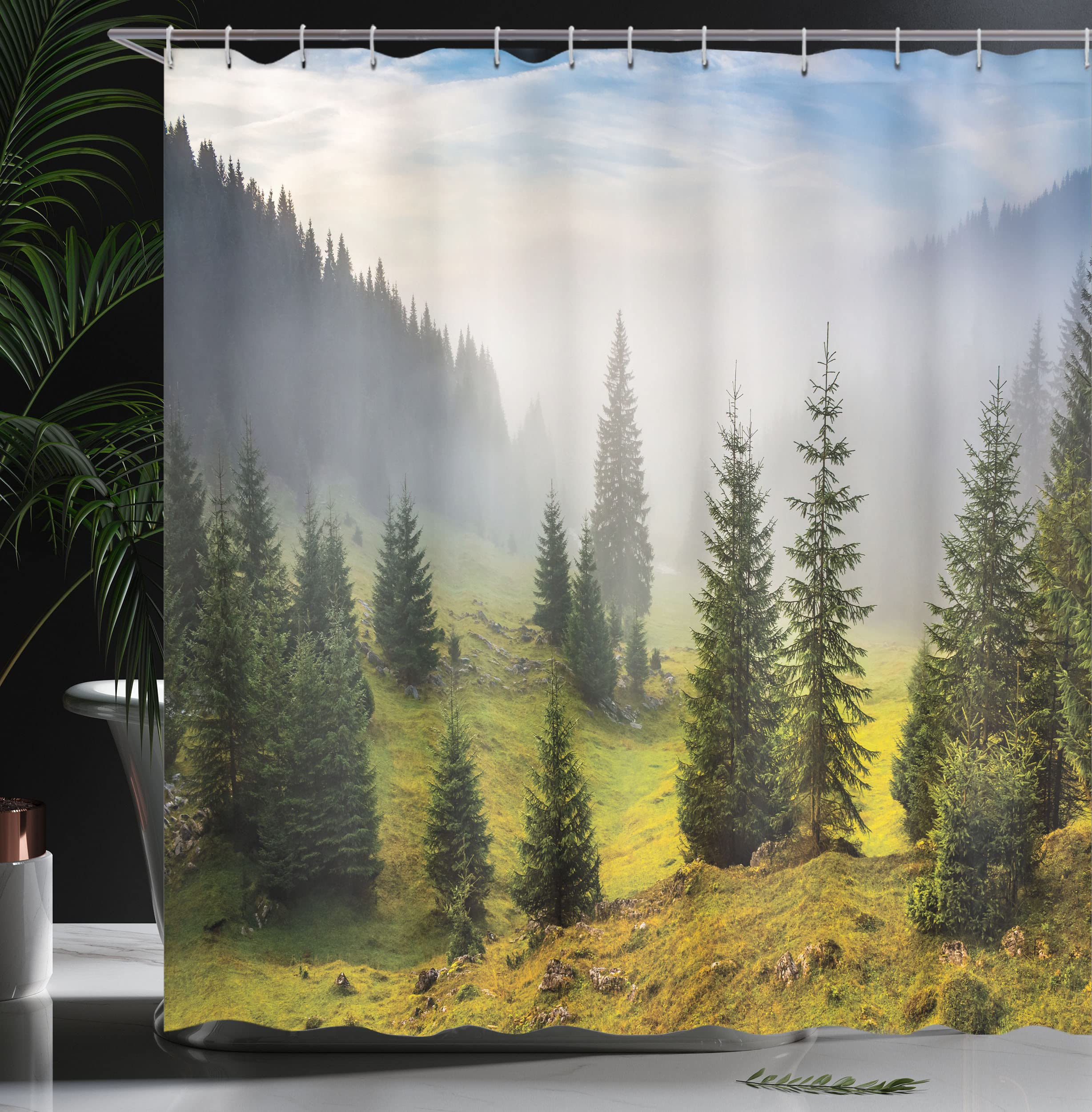 ABAKUHAUS Forest Shower Curtain, Fir Trees on Meadow Between Hillsides Conifer Woodland in Fog Before Sunrise - Image 3