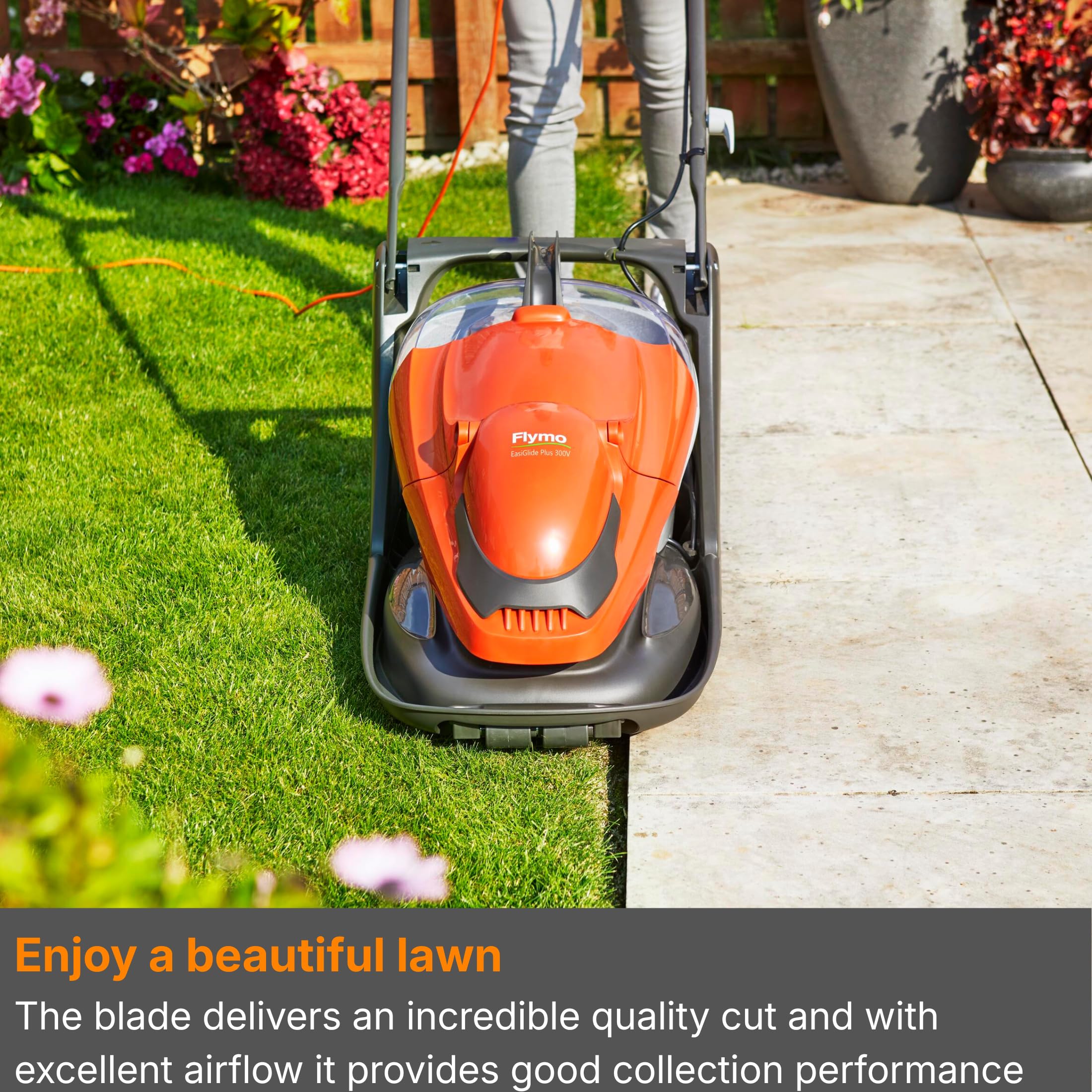 Flymo Tosaerba EASIglide 300 Hover Collect, motore da 1700 W, larghezza di taglio 30 cm, contenitore per erba da 20 litri, pieghevole, lunghezza cavo 10 m, arancione e grigio