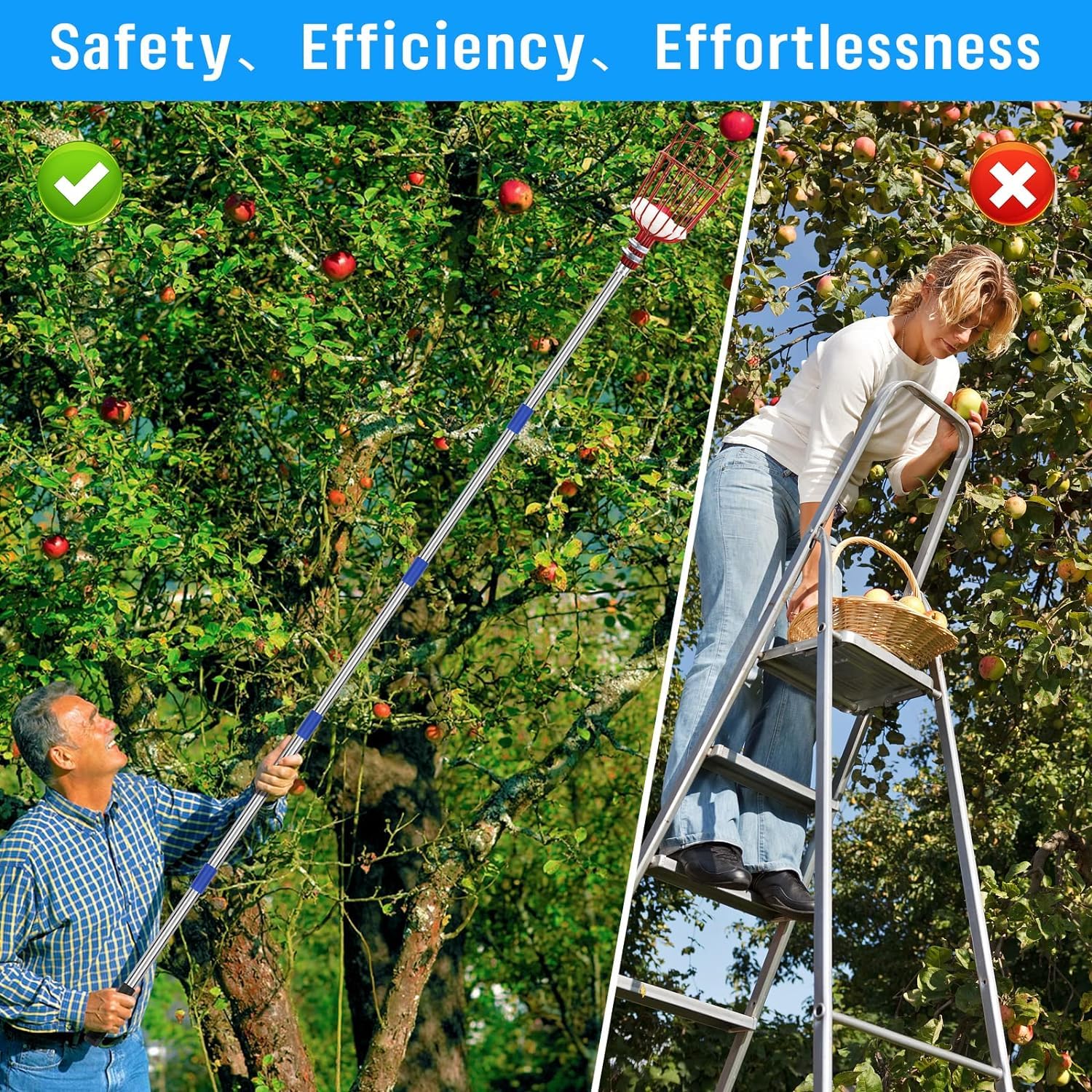 SAN LIKE Recoge Frutas Telescopico 4M, Recogedor de Frutas, Recolector de Frutas, Palo para Recoger Manzanas, Peras, Duraznos, Aaguacate, Frutas Herramientas Recolectoras 4 Metros de Largo