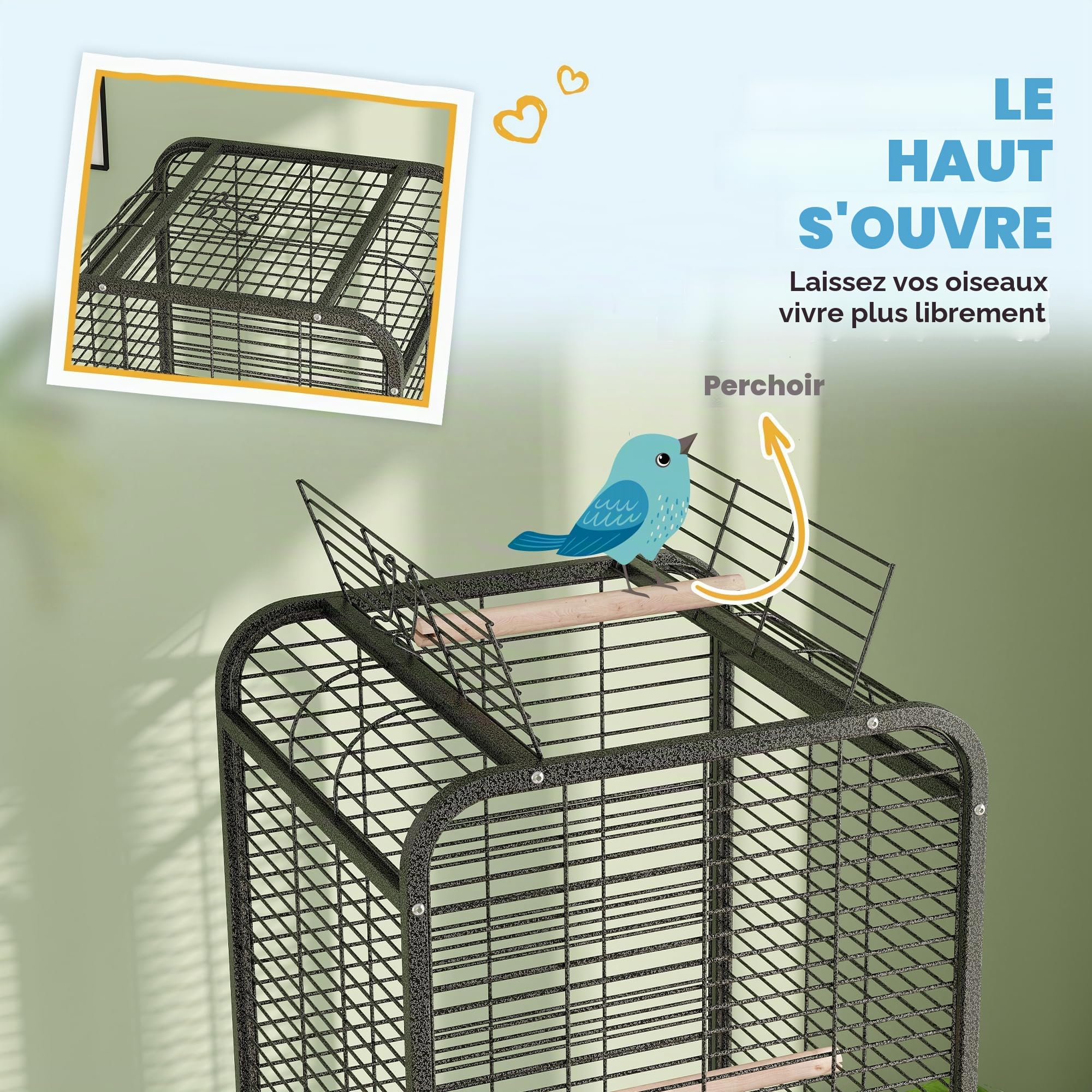 PawHut Cage à Oiseaux 62,5x62,5x146 cm Gris foncé | Roues, perchoirs, mangeoires, étagère, bac amovible, pour cacatoès & perroquets