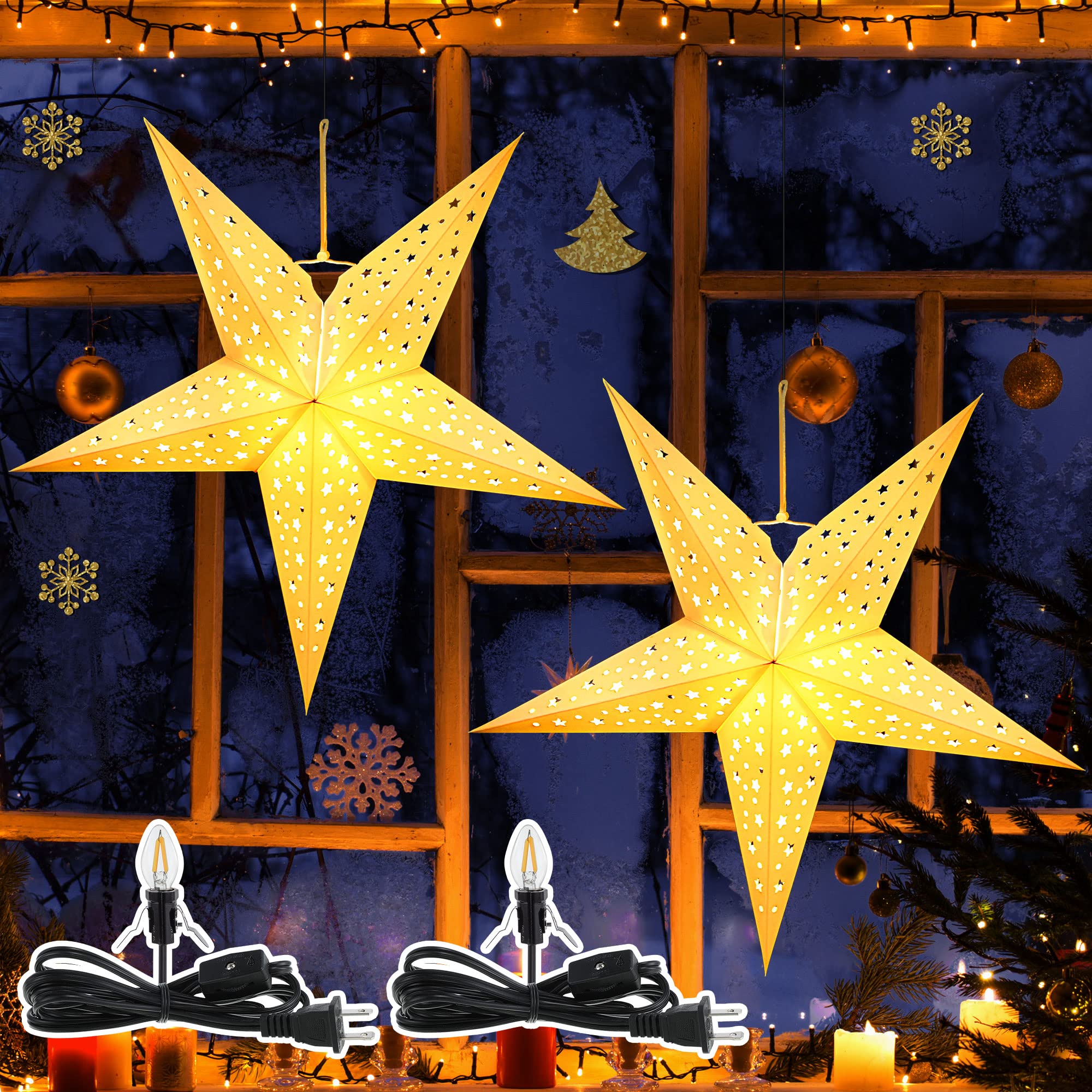 2 Pack Lighted Paper Lanterns Christmas Decor, Warm White LED Paper Star Light with Plug, Collapsible Hanging Star Decor for Christmas Window Wall Room Porch Yard (Five Pointed Star)