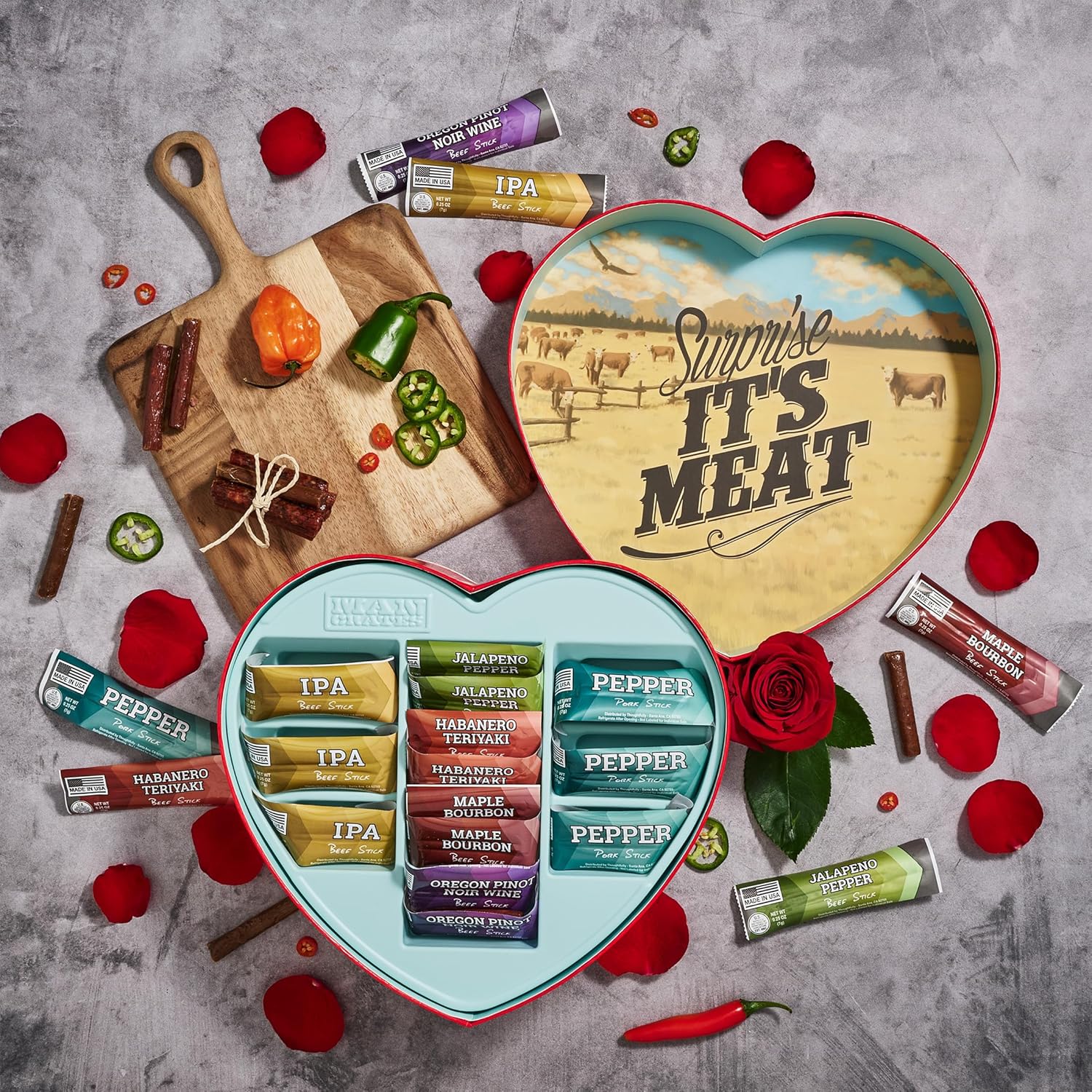Man Crates Gift for Men – Meat Heart with 14 Beef & Pork Sticks – Heart-Shaped Meat Snack Box for Him, Boyfriend, Husband
