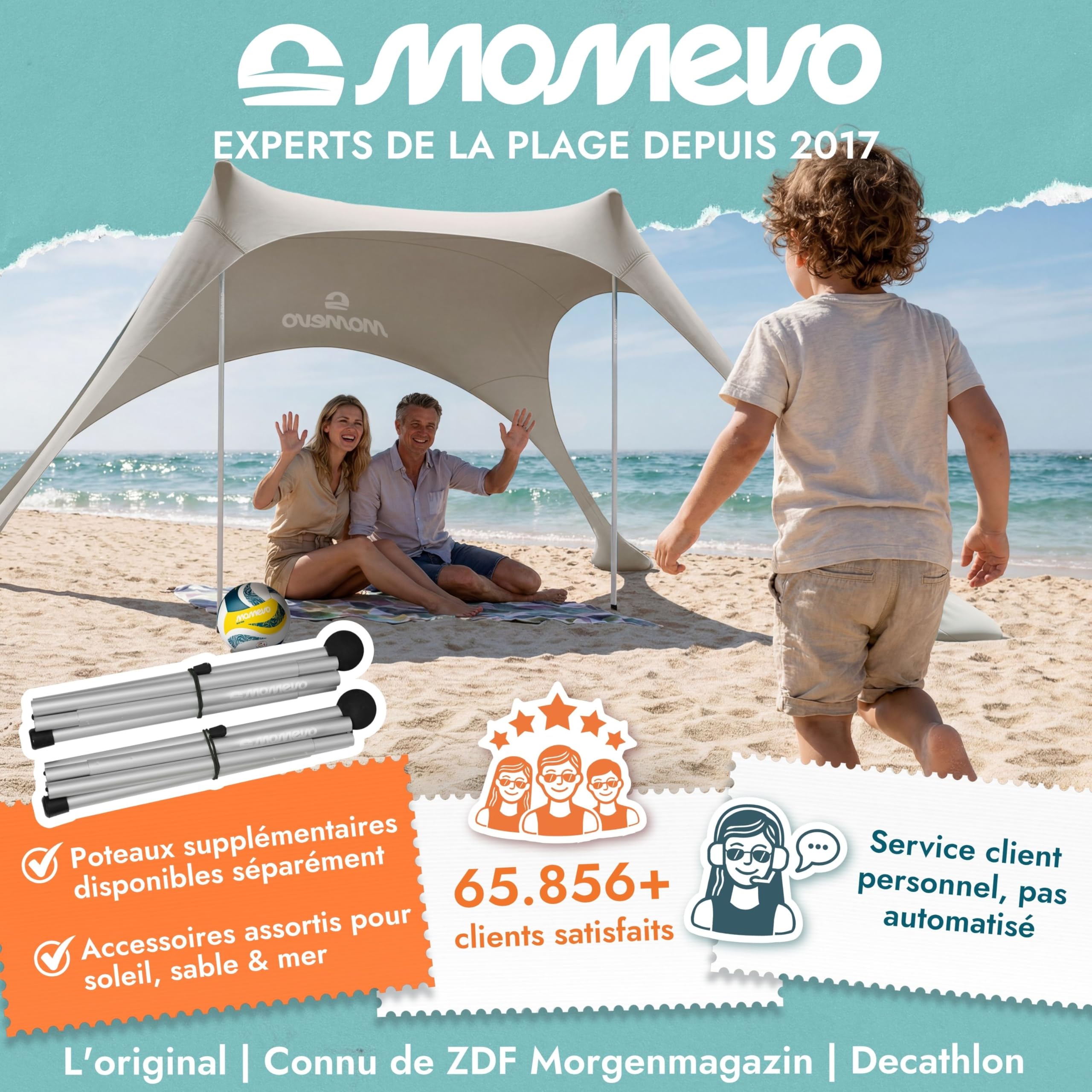 Tente de plage avec voile d’ombrage – Abri de plage avec protection UV UPF50+, stable au vent et léger, tente de plage nouvelle génération (2 barres, Sable)