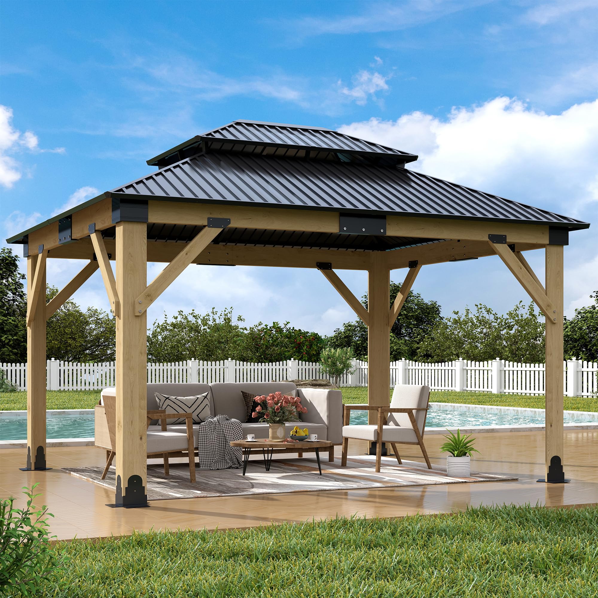 Raysfung 11'x13' Wood Gazebo,Outdoor Hardtop Gazebo with Galvanized Steel Doule Roof, Wooden Frame Gazebos for Patio Backyard Deck