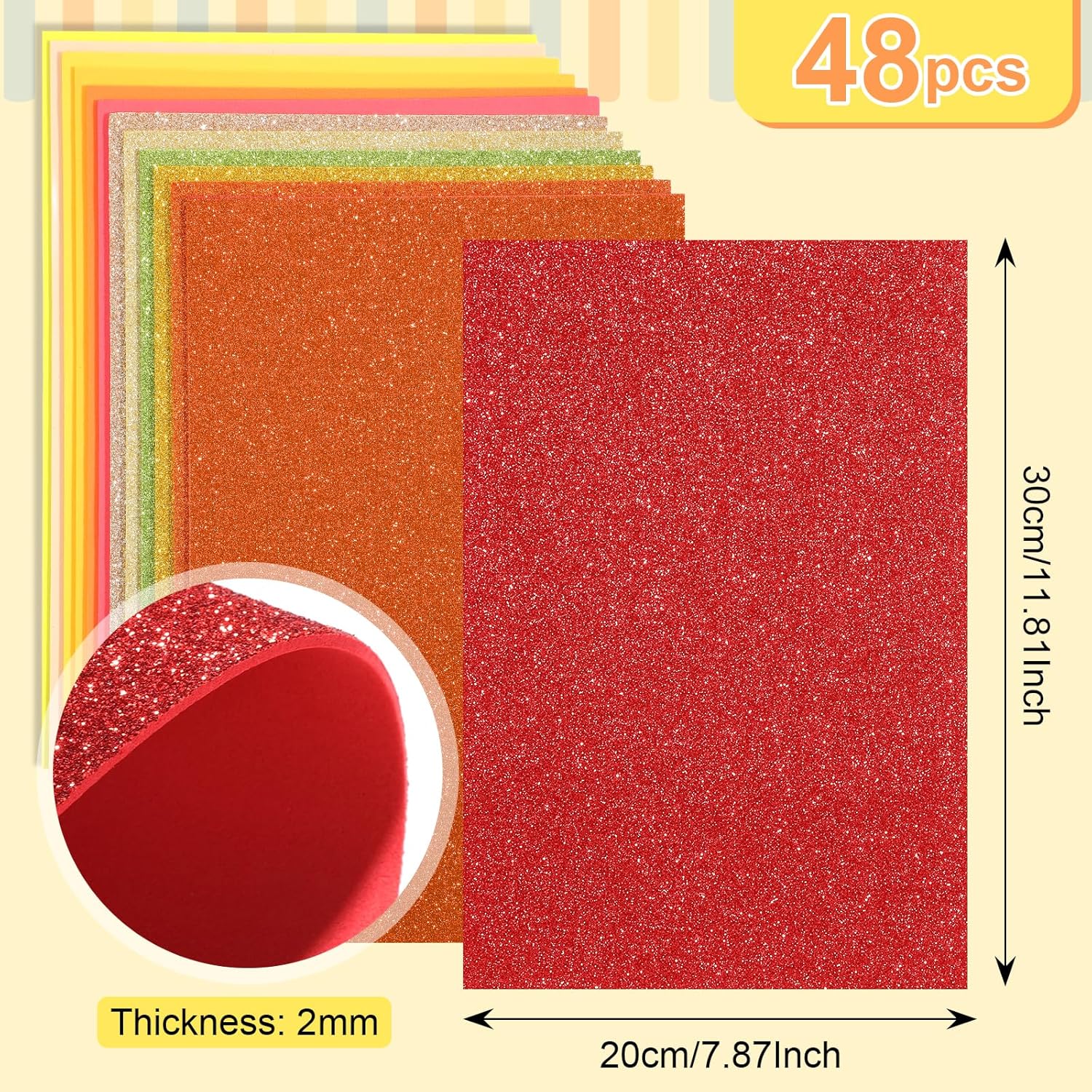 Feifeiya 48 Pack Glitter Foam Sheets Craft, 8 x 12 Inch Assorted Colors Sparkles Foam Papers for Classrooms DIY Projects Scrapbook Cutters Card Handicraft Gift(Gradient Yellow)