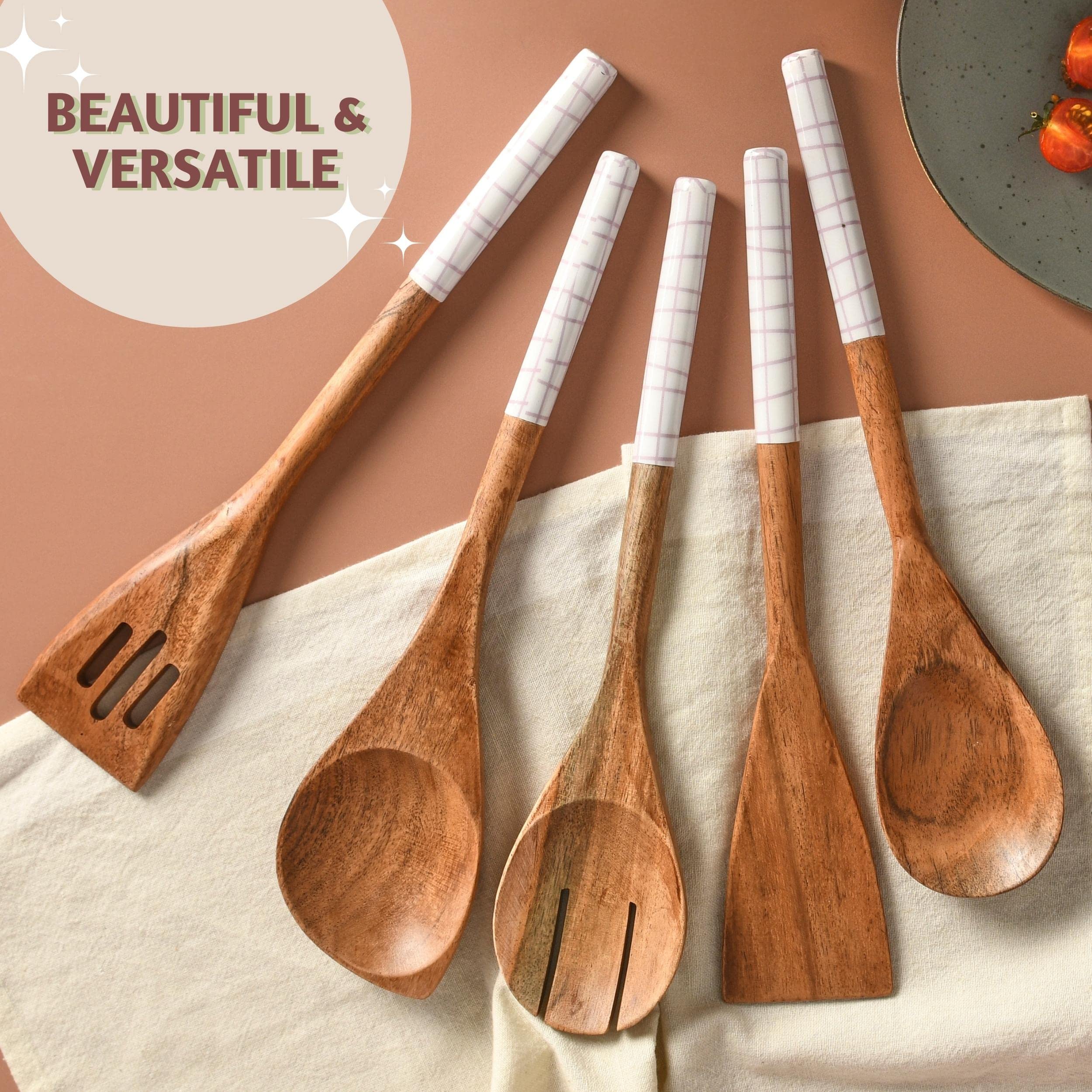 Folkulture Cucharas de madera para cocinar, juego de 5 utensilios de madera antiadherentes y resistentes al agua, libres de BPA
